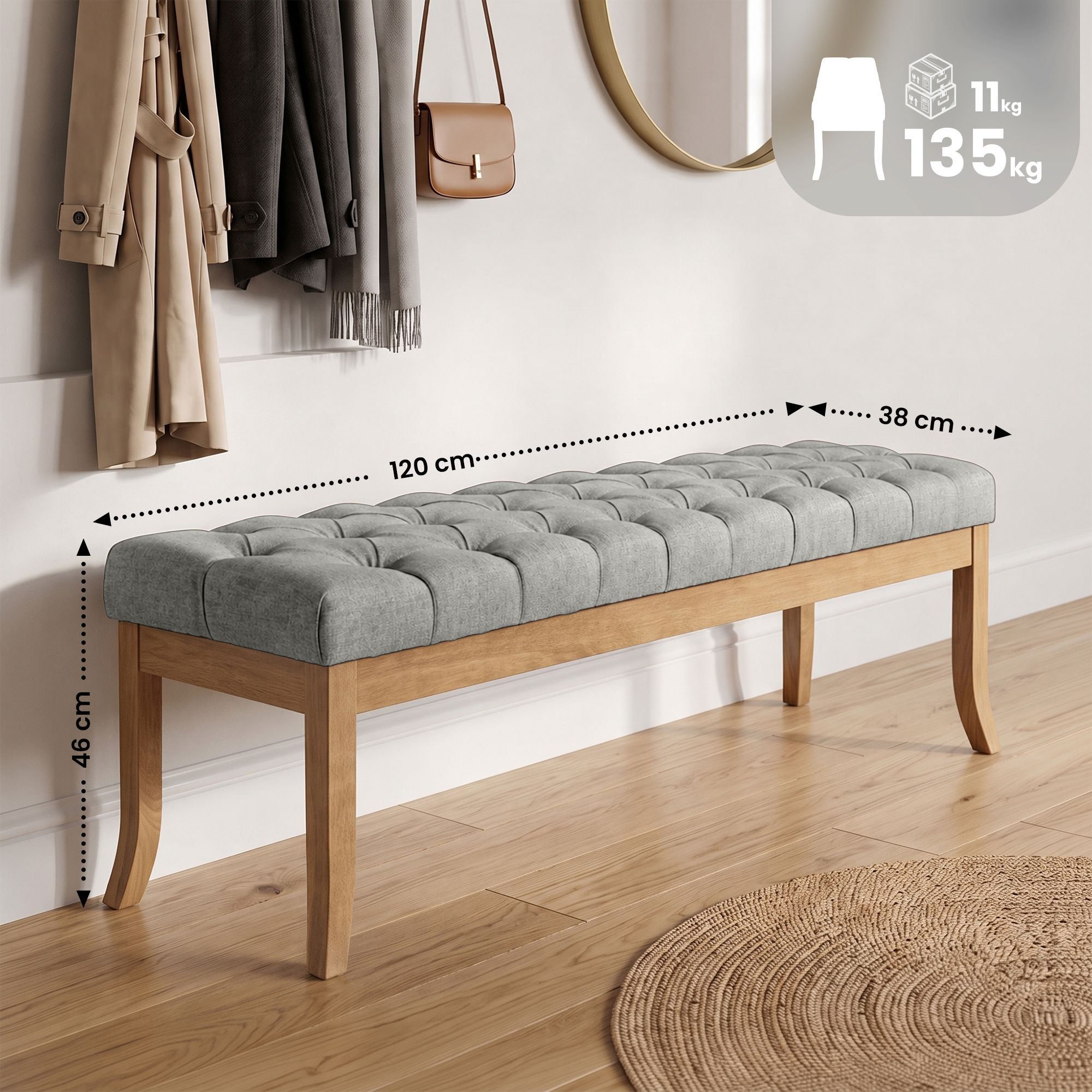 Banc Ramses tissu pieds antique clair
