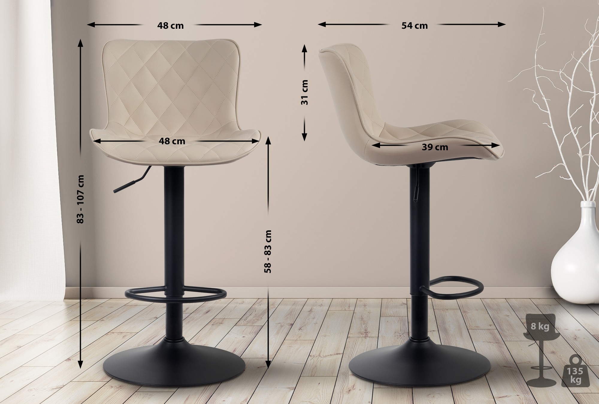 Lot de 2 Tabourets de bar Emma Pied Métal Hauteur Réglable Pivotant