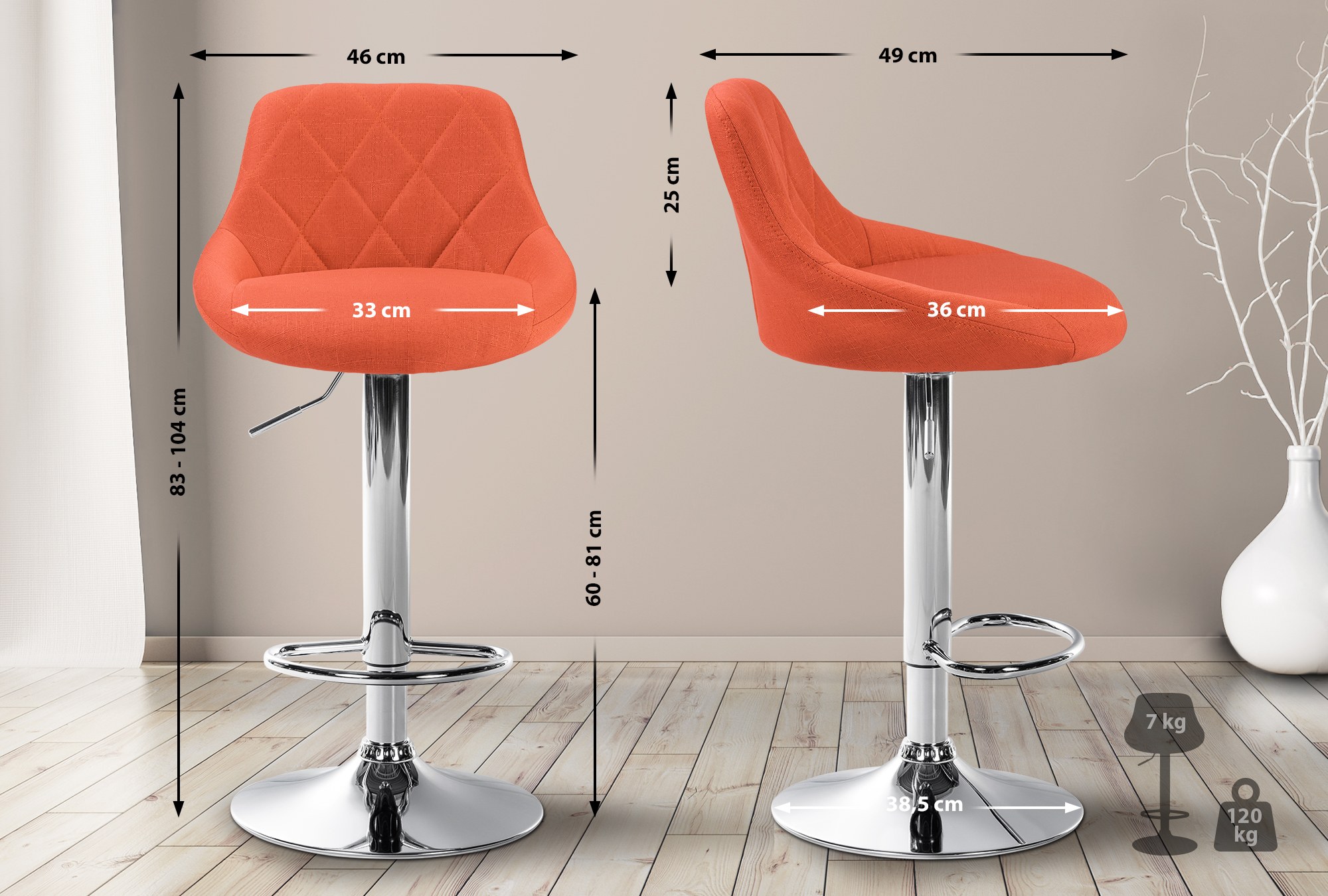 Tabouret de bar Lazio en Tissu Hauteur réglable siège pivotant