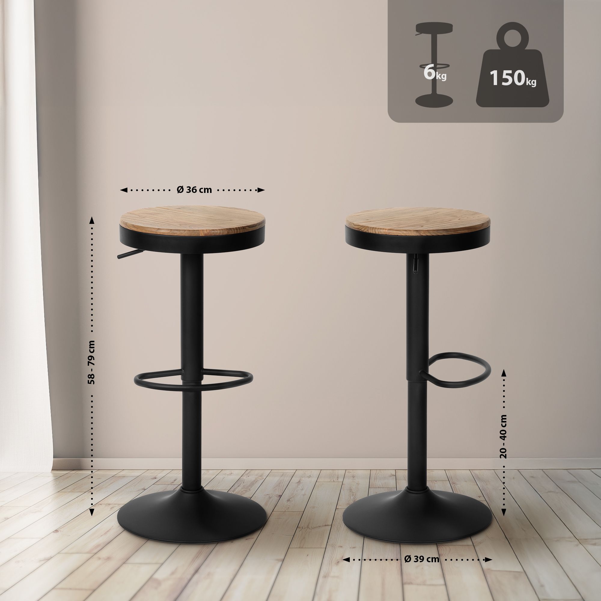 Ensemble de 2 tabourets de bar Pitas en orme