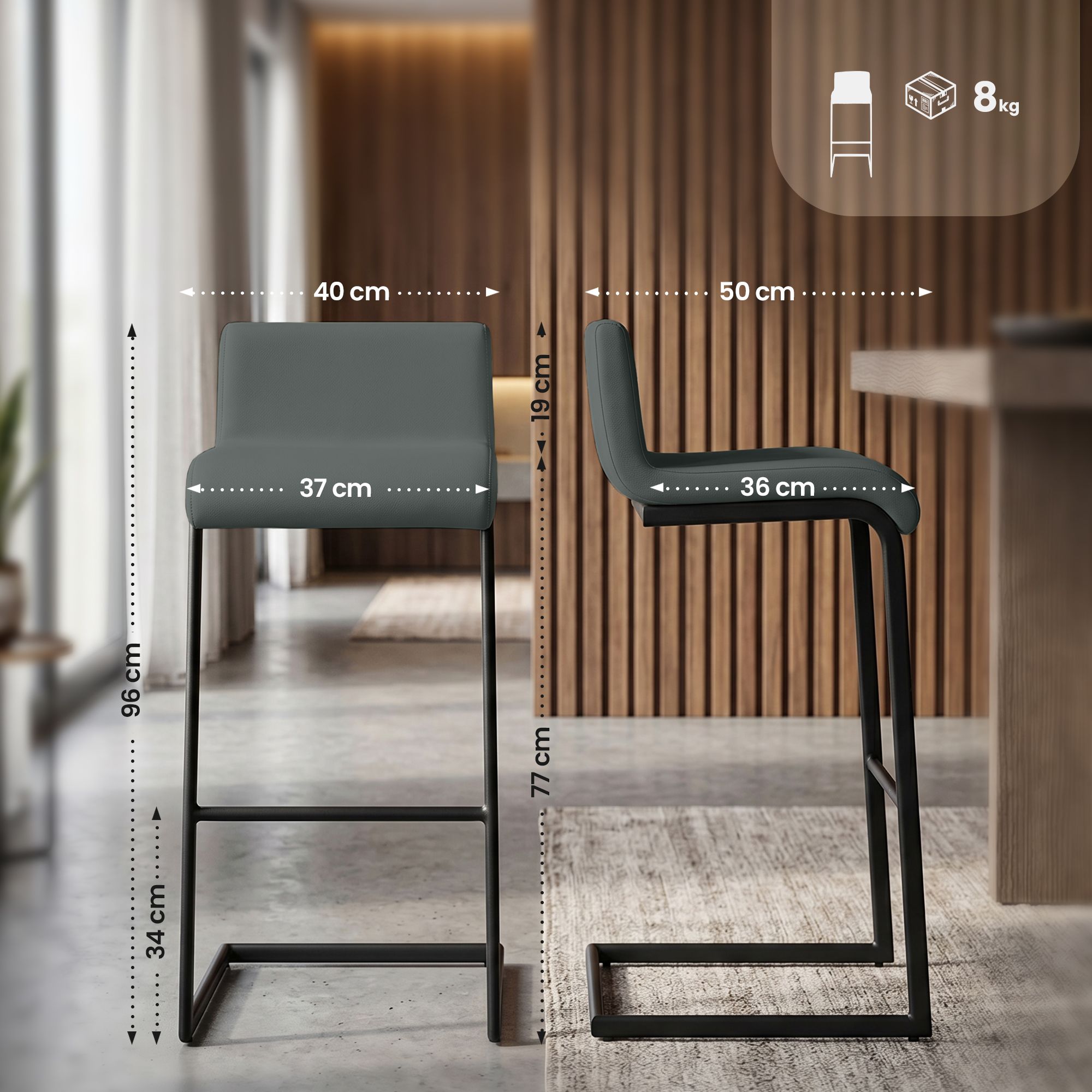 Lot de 2 Tabourets de Bar Newport, Piétement Métallique Noir