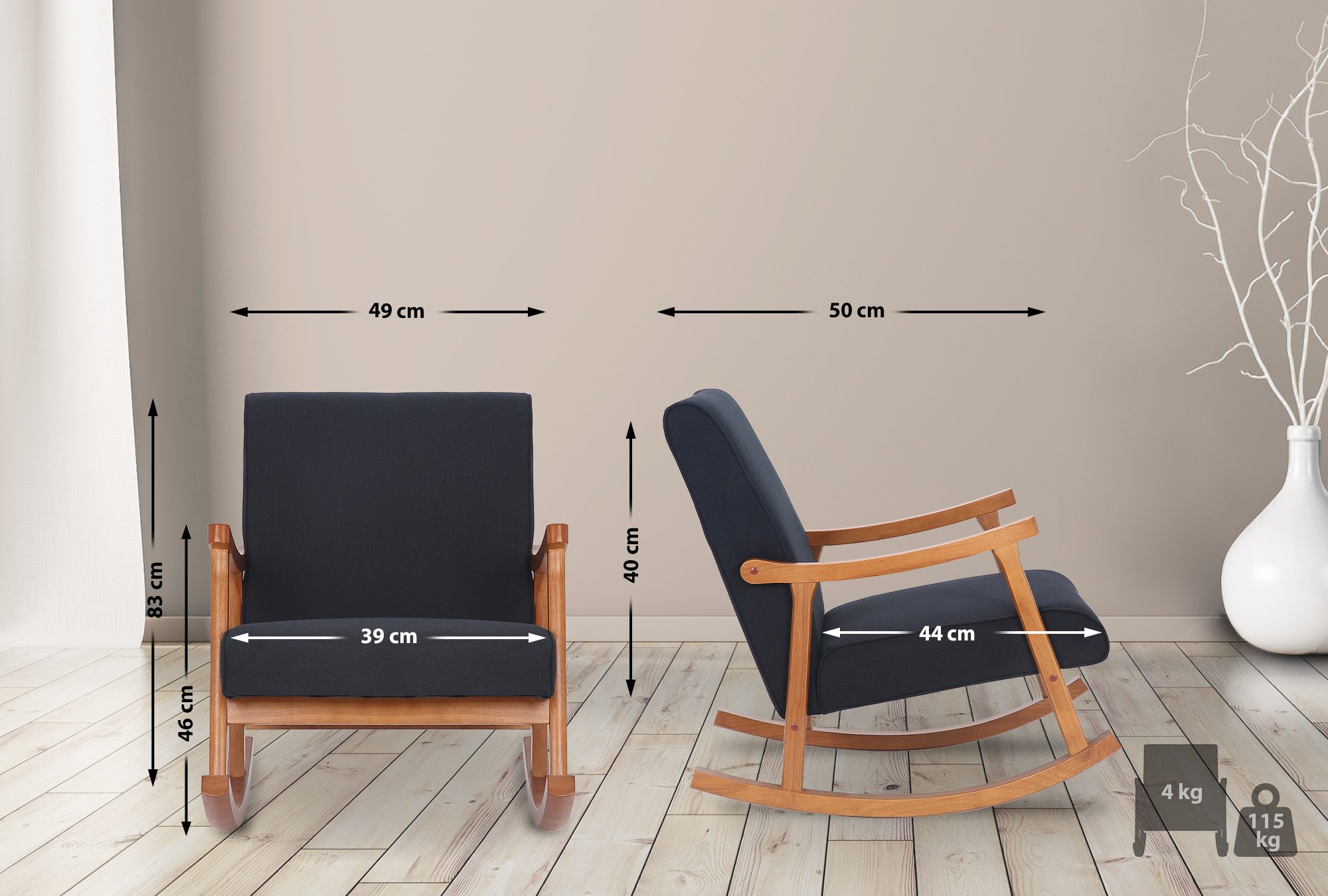 Chaise à bascule Morelia en tissu avec pieds Noyer