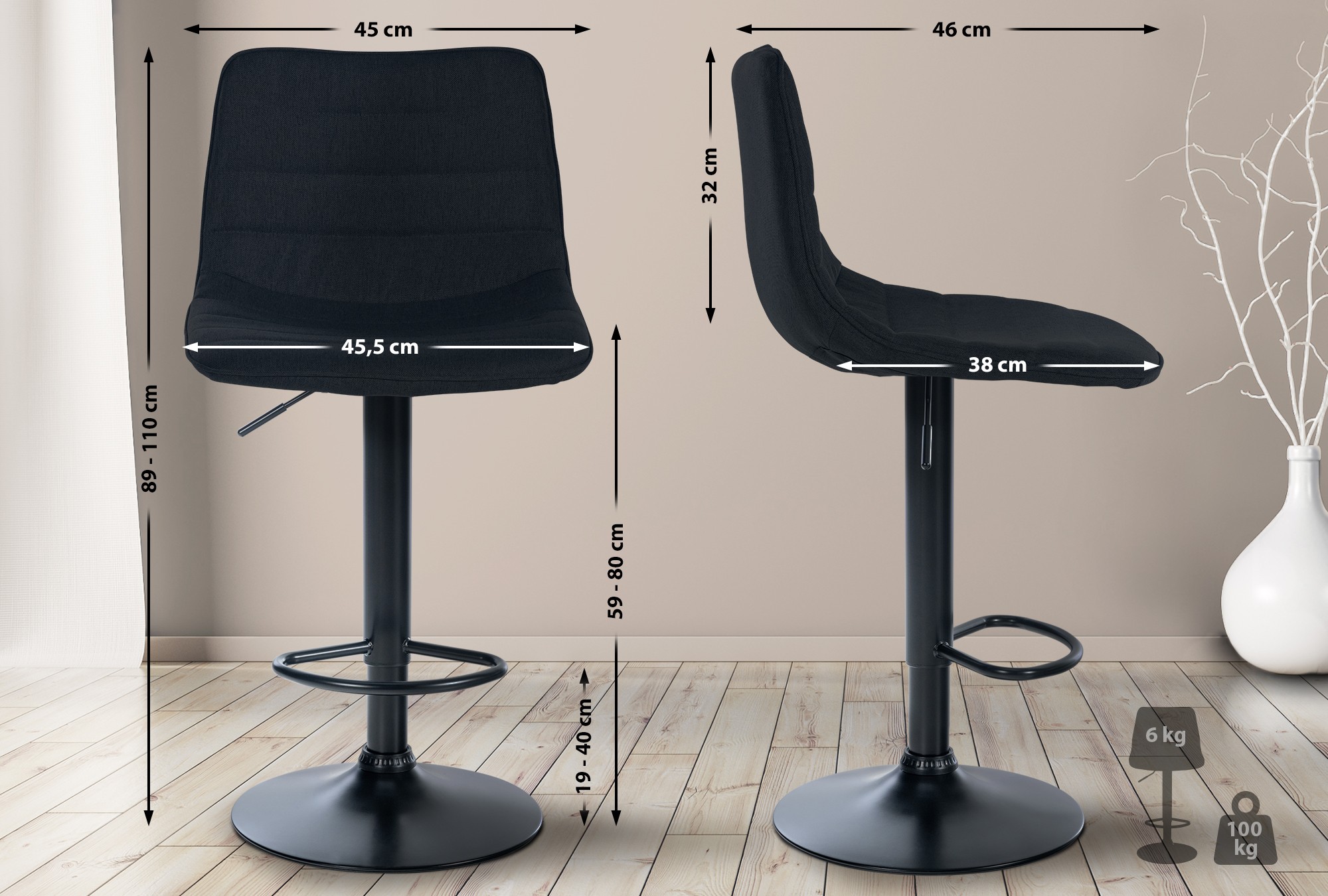Tabouret de bar Lex en Tissu Pied trompette en Métal