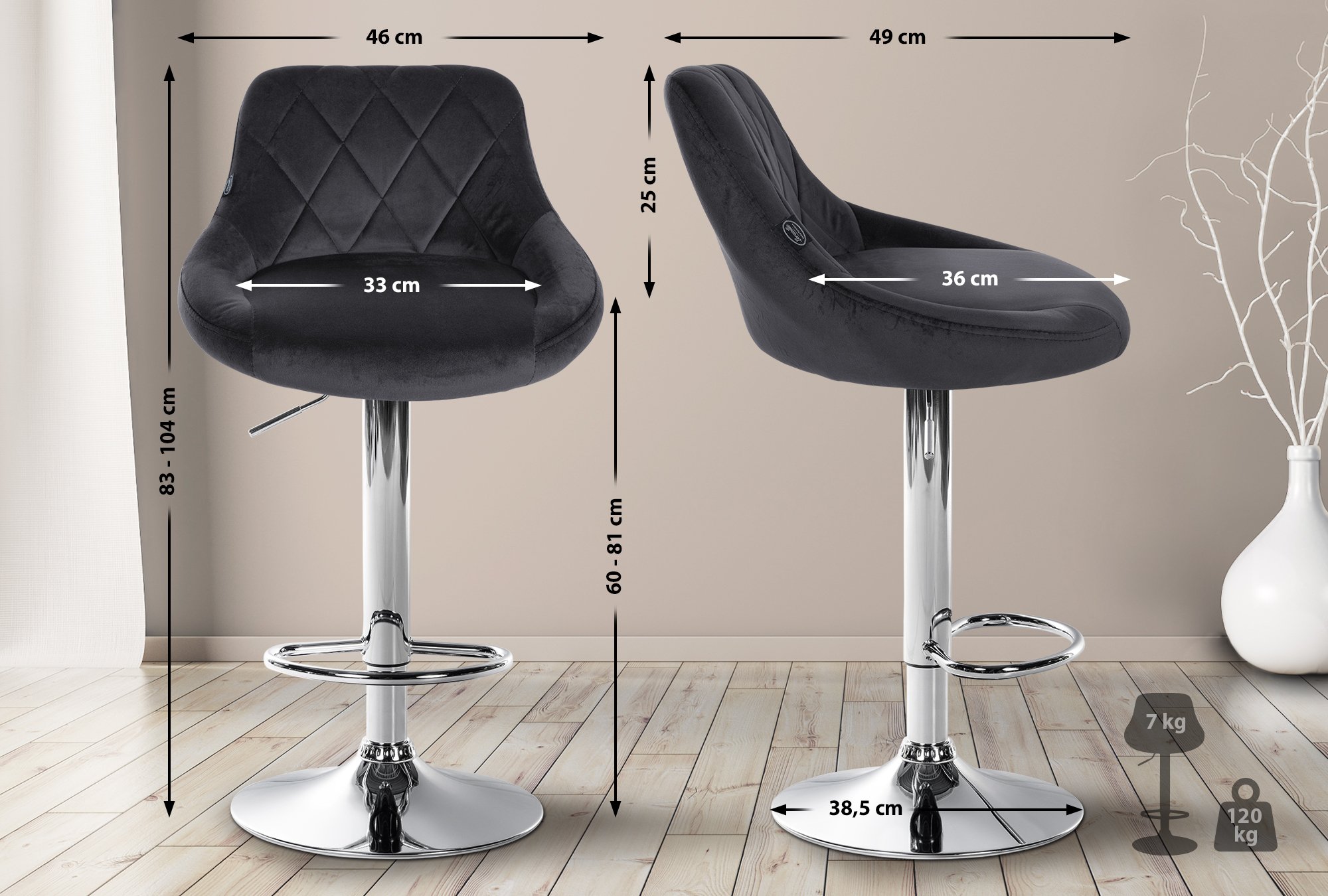 Tabouret de bar Lazio en velours avec pied en métal