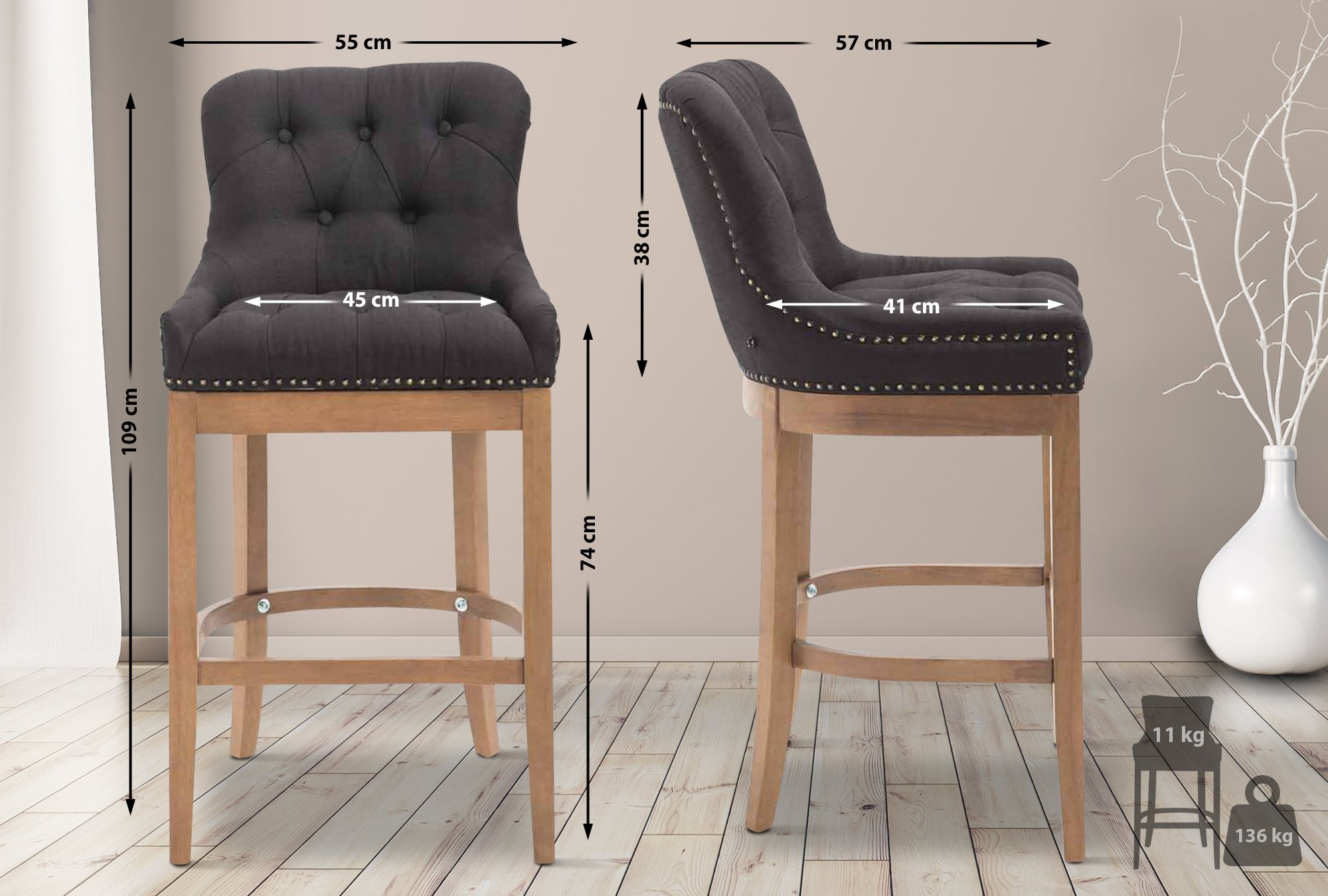Tabouret de bar Lakewood tissu Piètement antique clair