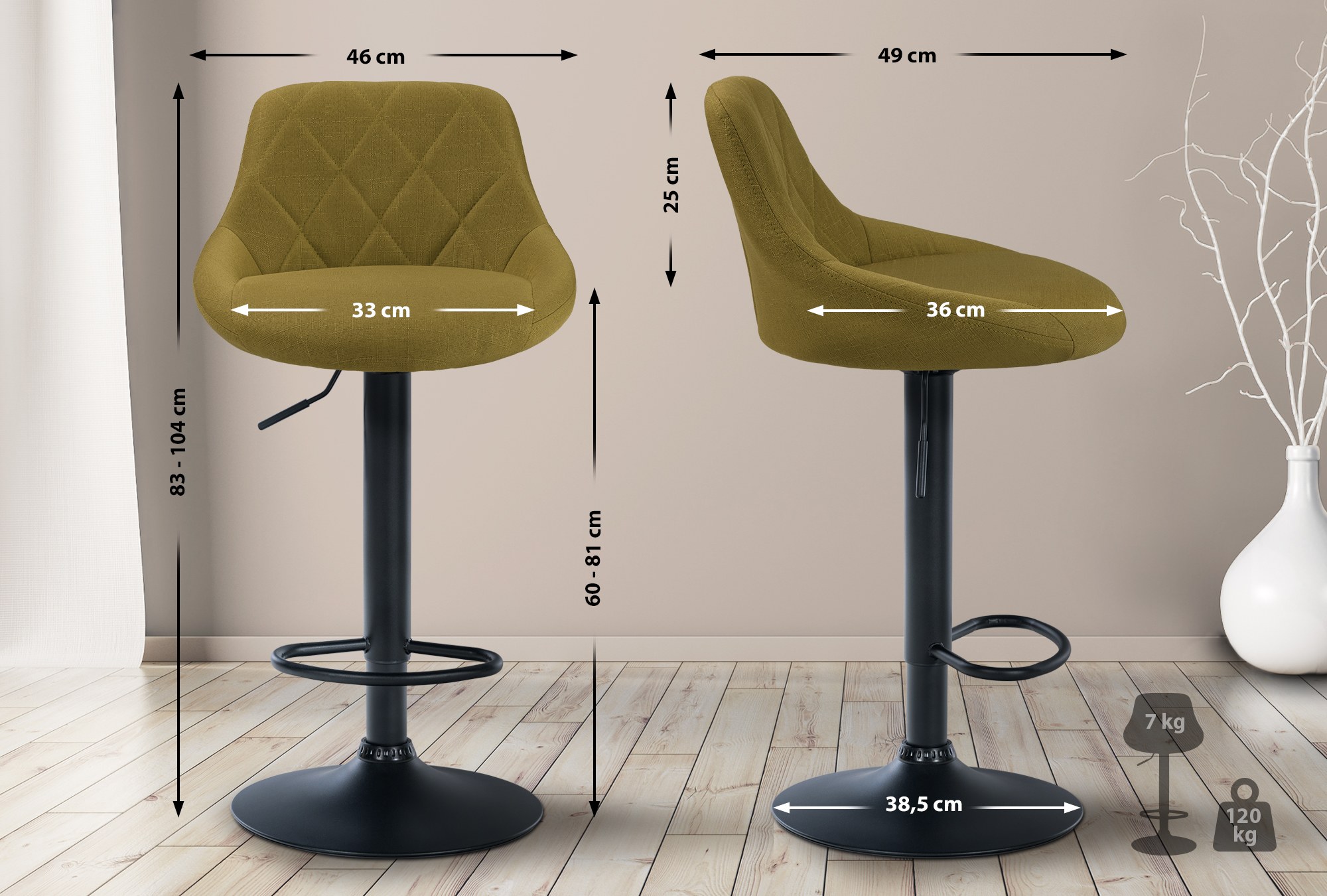 Tabouret de bar Lazio en Tissu Hauteur réglable siège pivotant