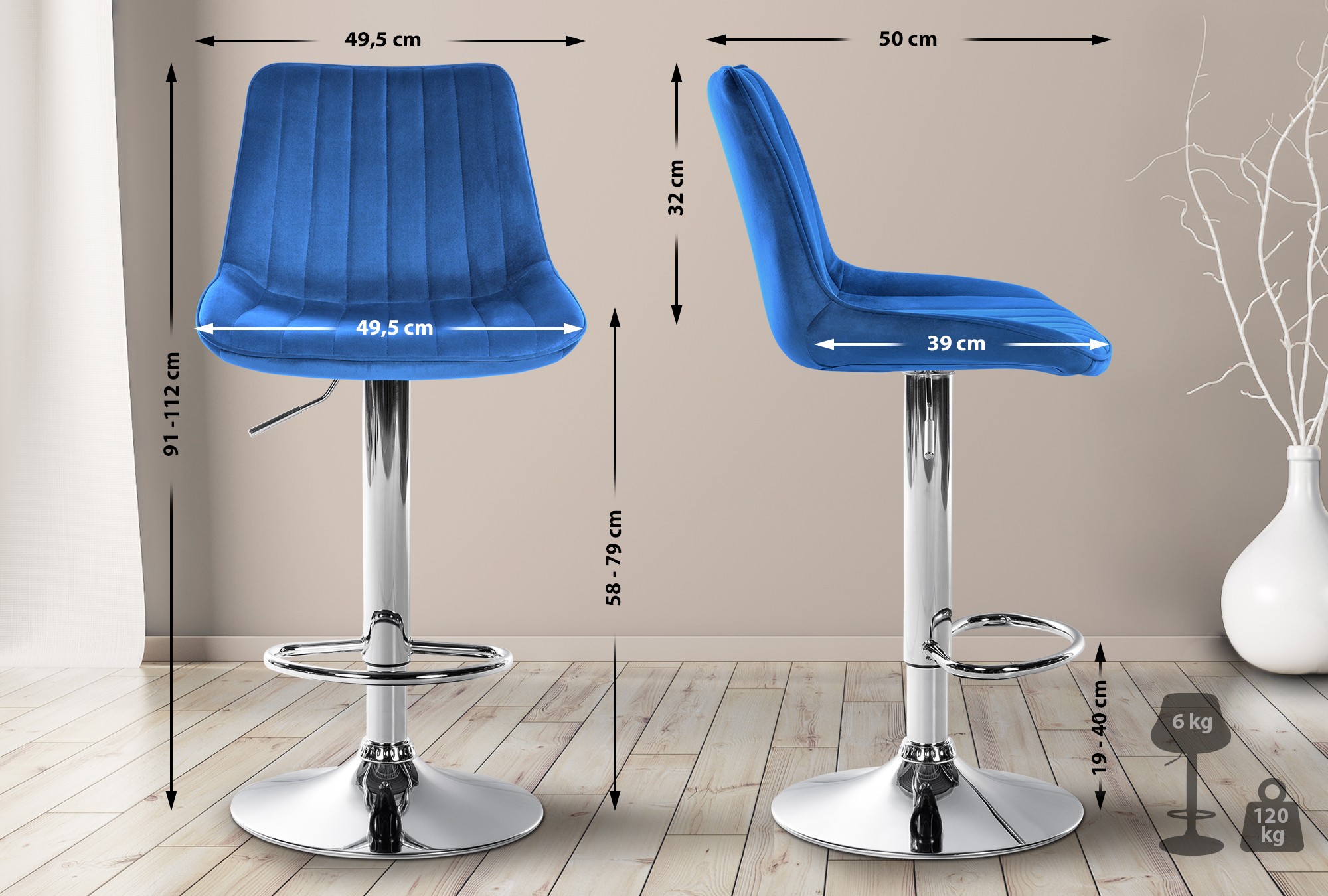 Tabouret de bar Toni en Velours Pied trompette en Métal