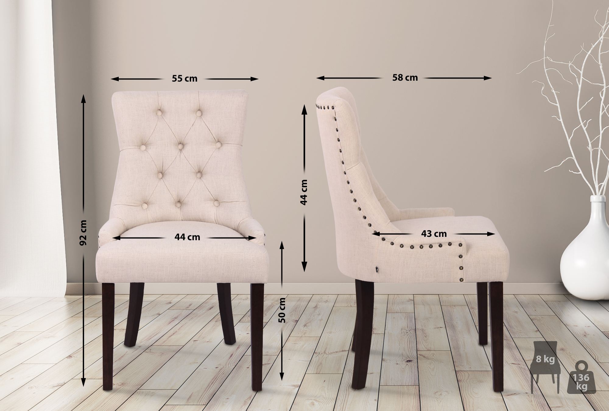 Lot de 2 chaises de salle à manger Aberdeen en tissu