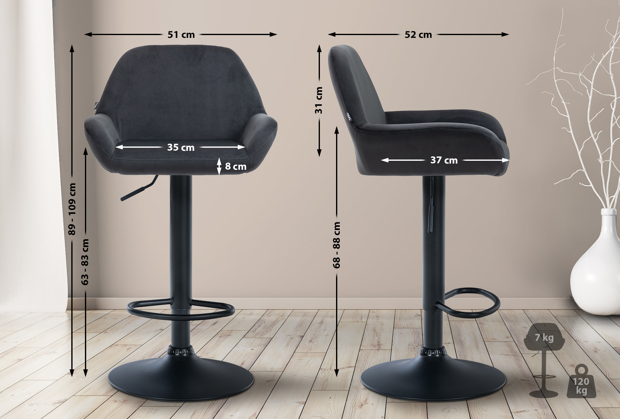 Tabouret de bar Braga Velours avec pied en métal réglable et pivotant