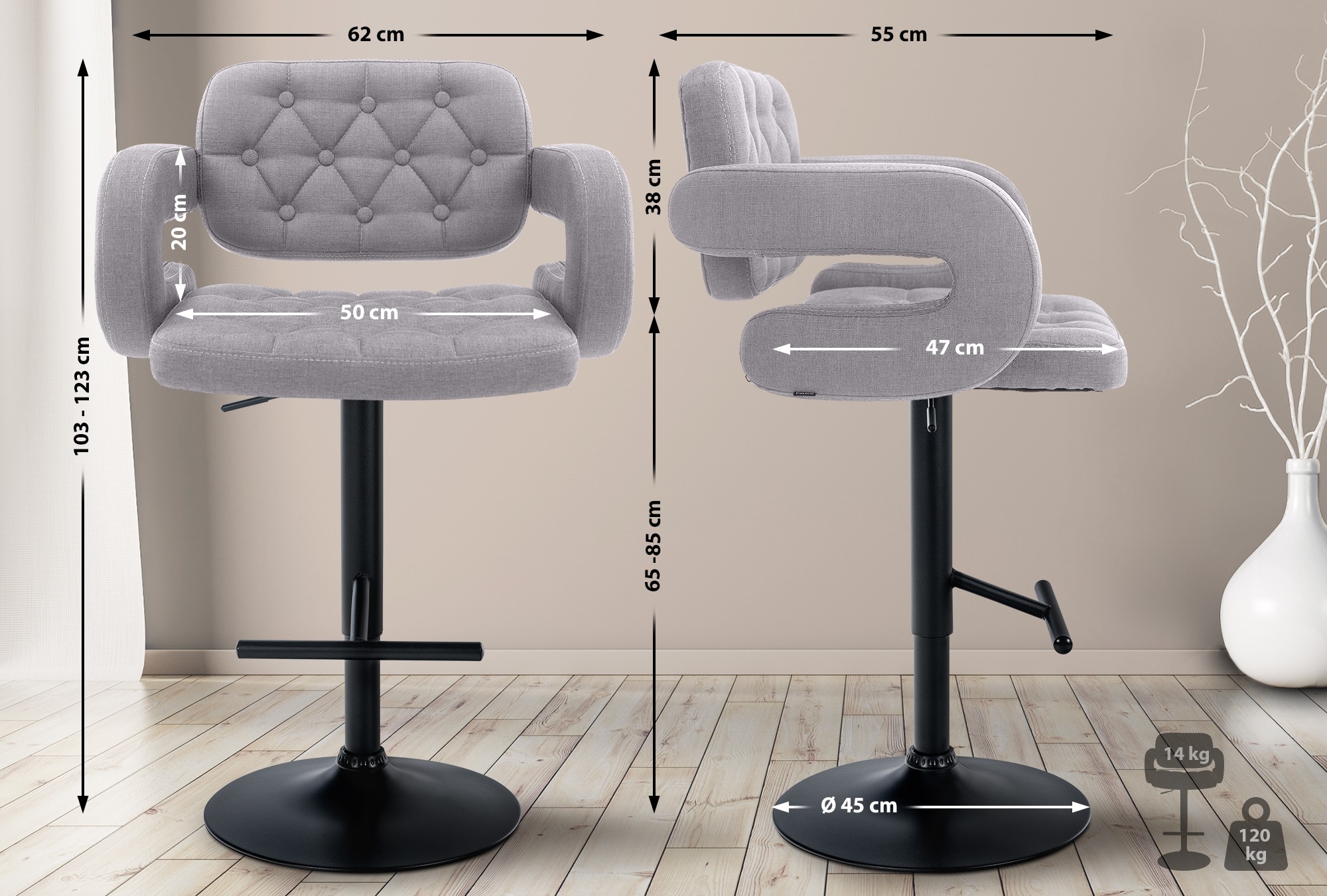 Tabouret de bar Dublin Tissu avec pied en métal