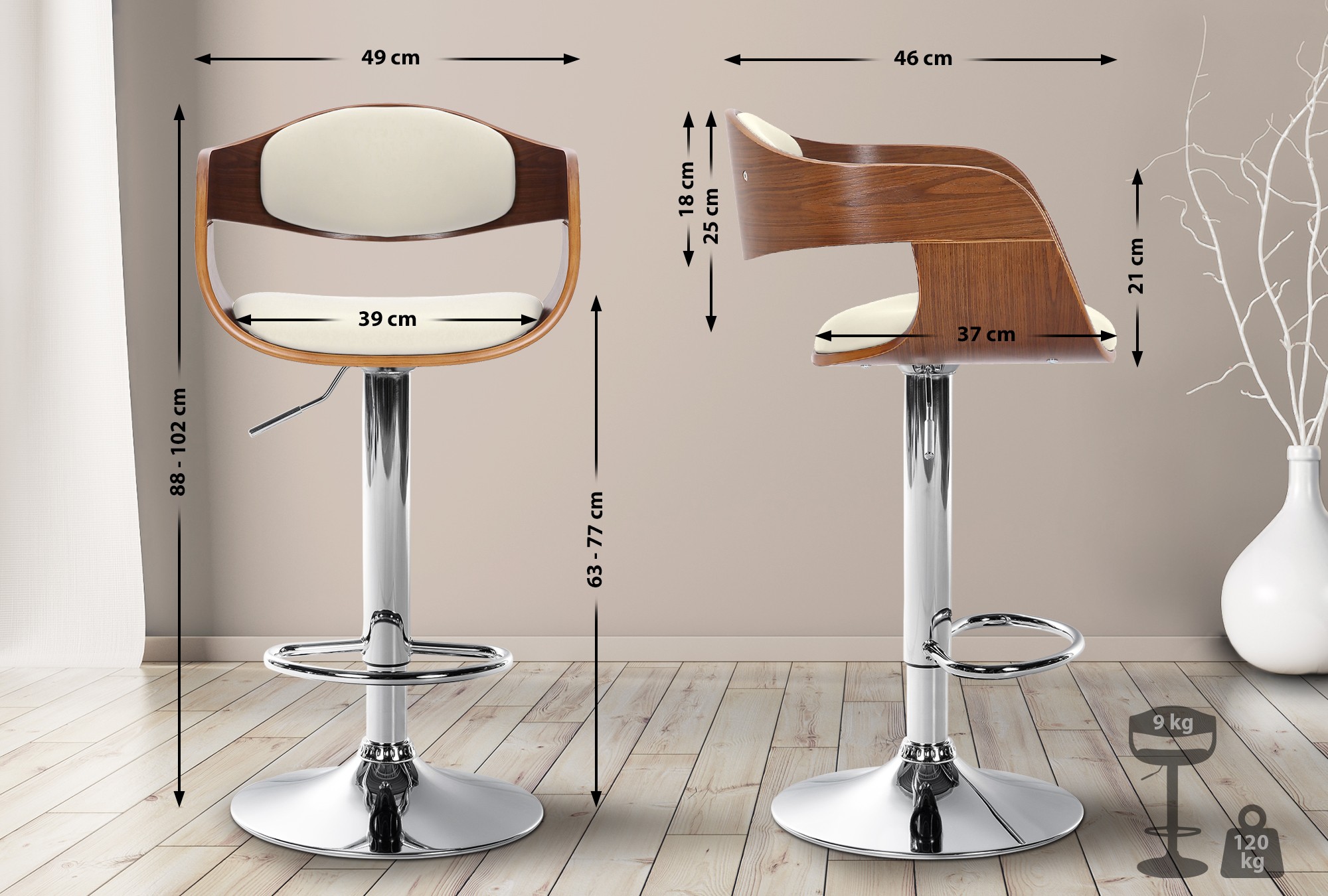 Tabouret de bar Kingston avec Coque en bois Assise en similicuir