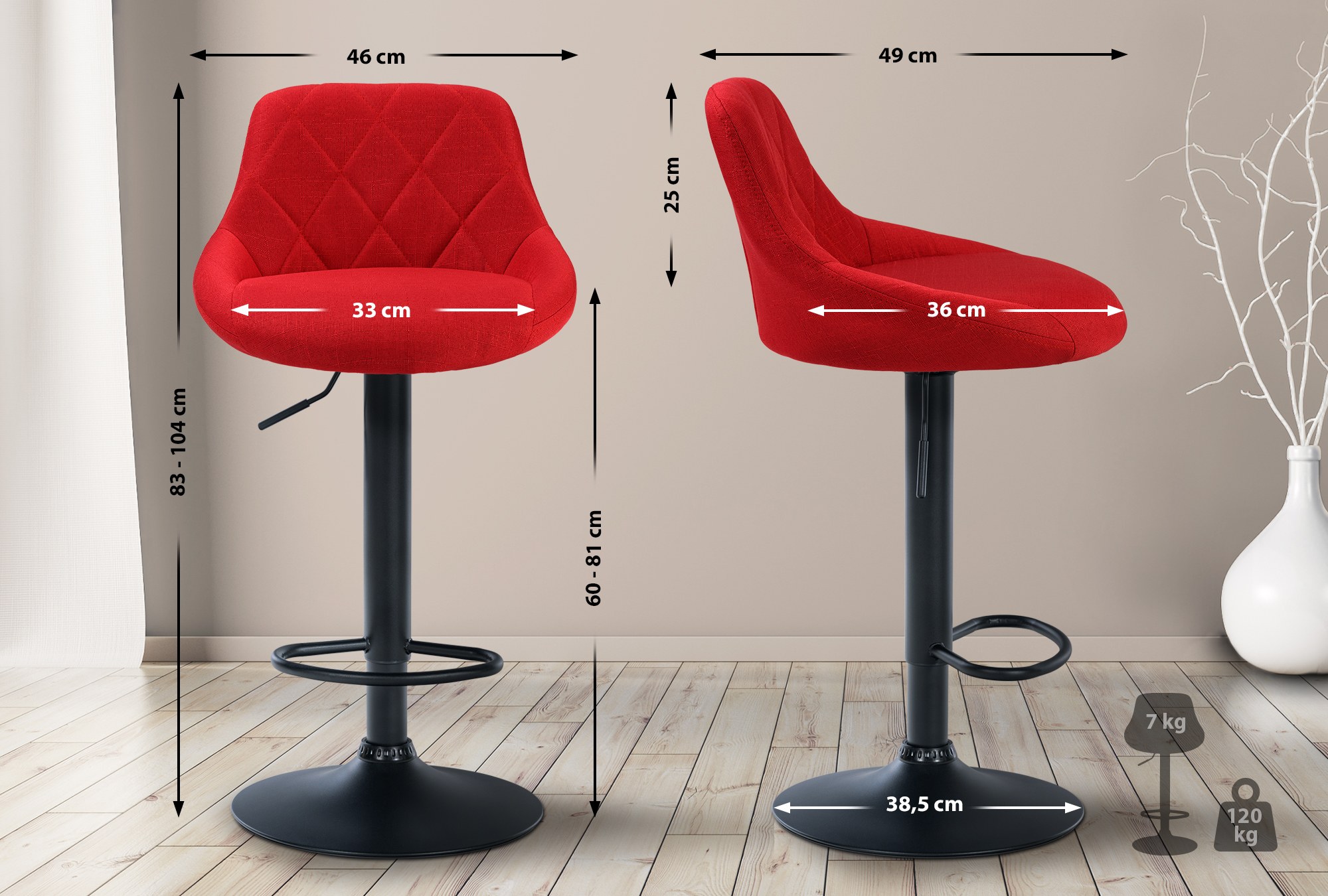 Tabouret de bar Lazio en Tissu Hauteur réglable siège pivotant