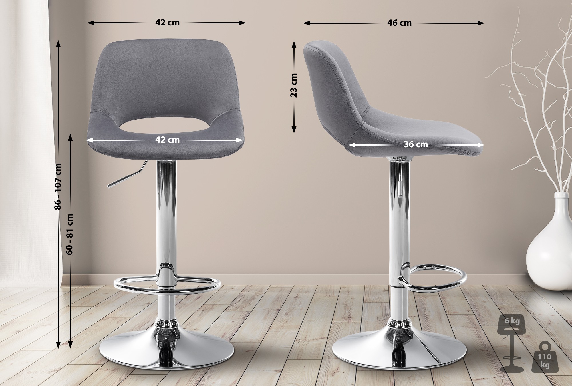Lot de 2 tabourets de bar Camden velours