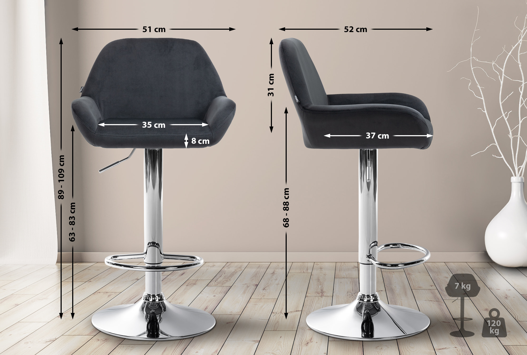 Tabouret de bar Braga Velours avec pied en métal réglable et pivotant