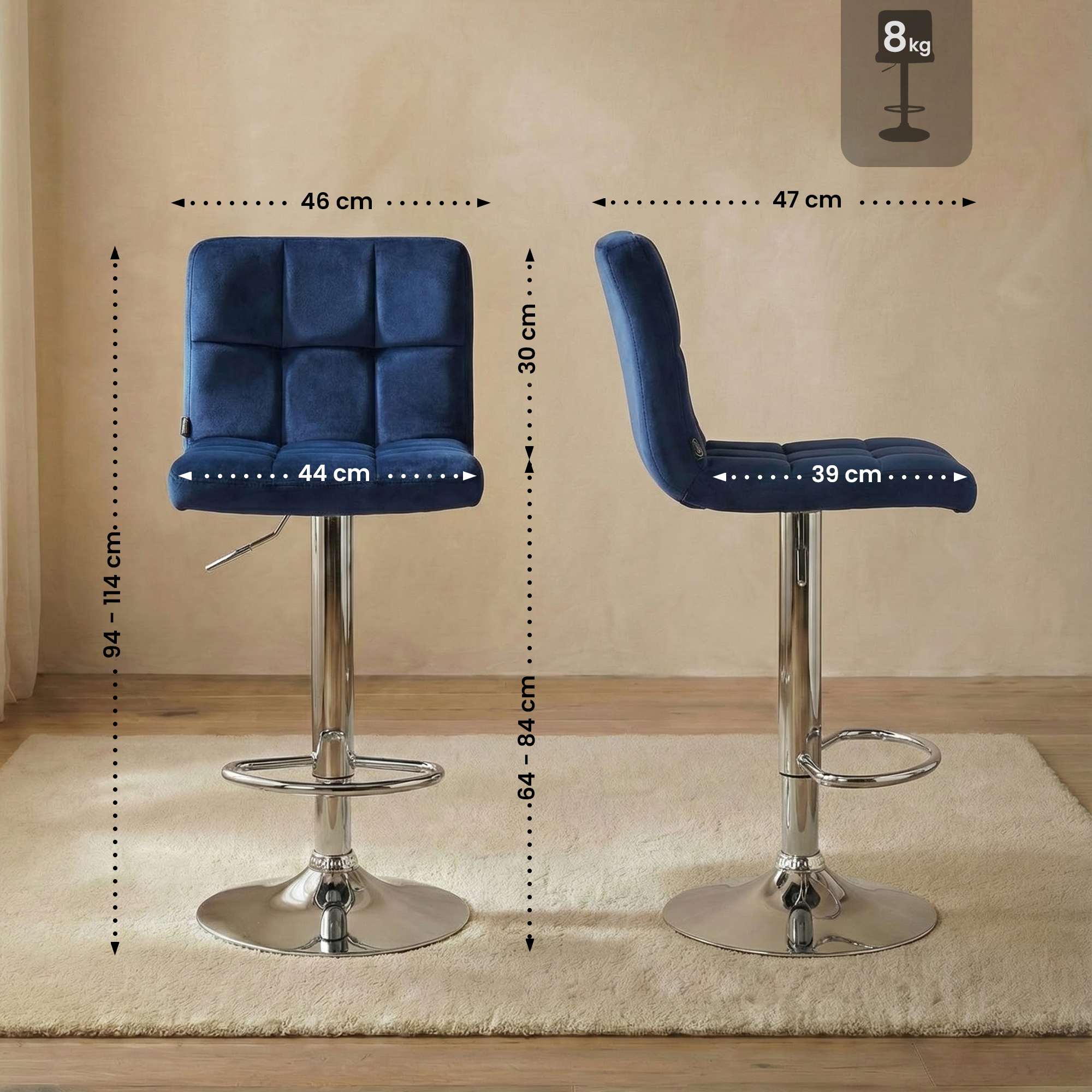 Lot de 2 tabourets de bar Peru velours