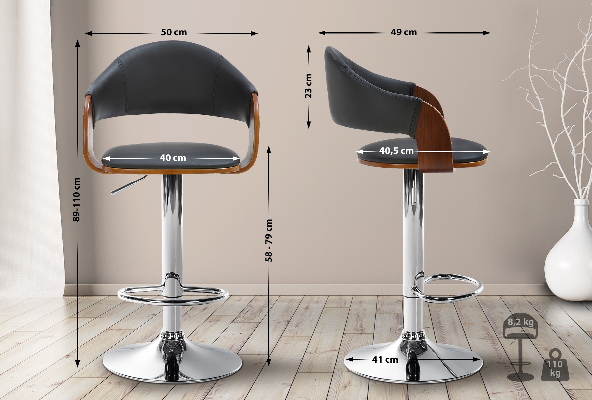 Tabouret de bar Nilse avec Coque en bois assise en similicuir