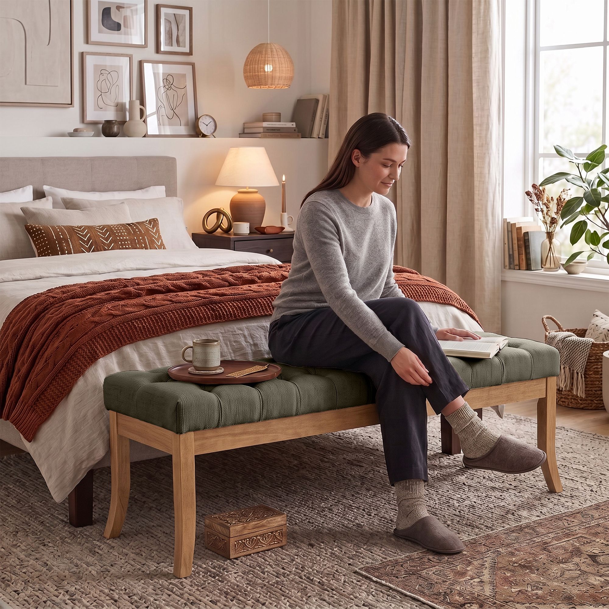 Banc Ramses tissu pieds antique clair