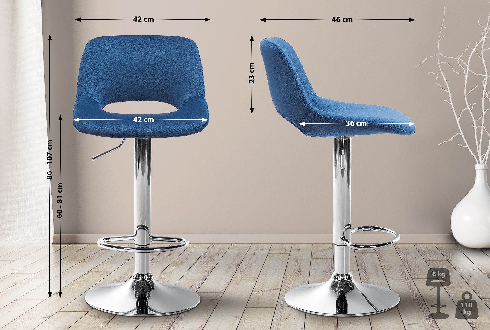 Lot de 2 tabourets de bar Camden velours