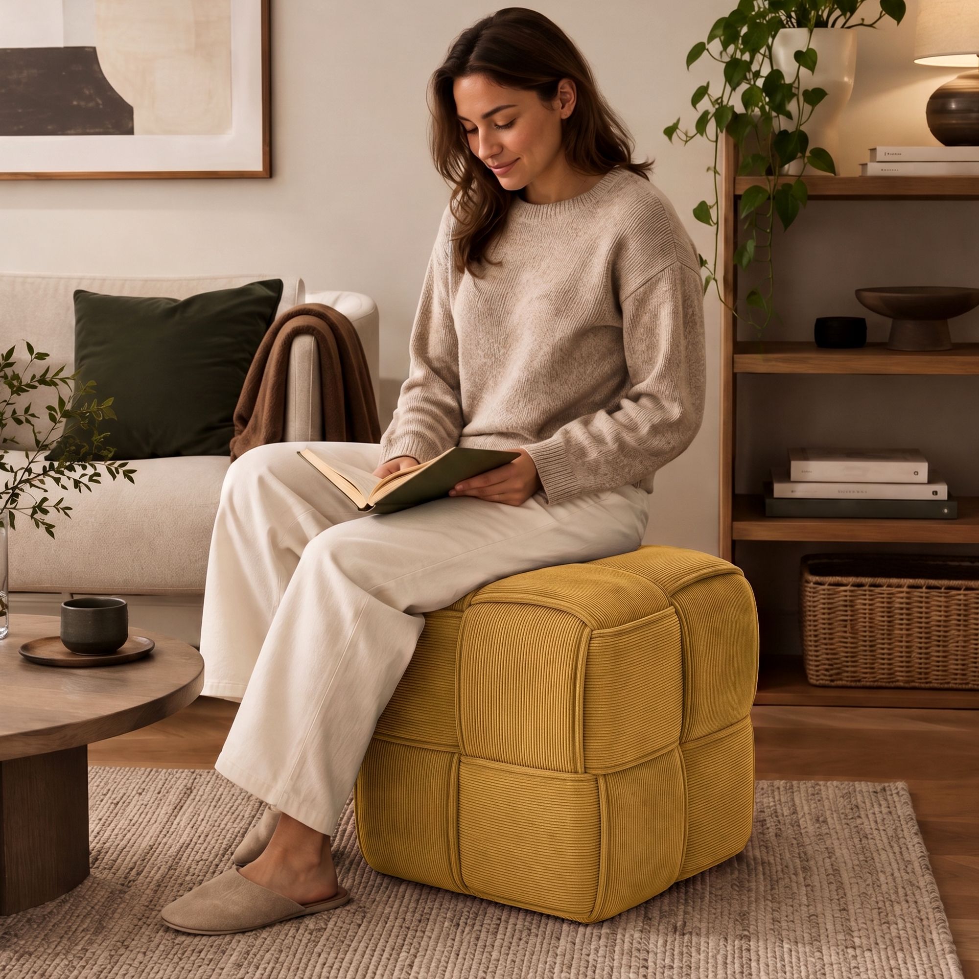Pouf Forinta en velours côtelé