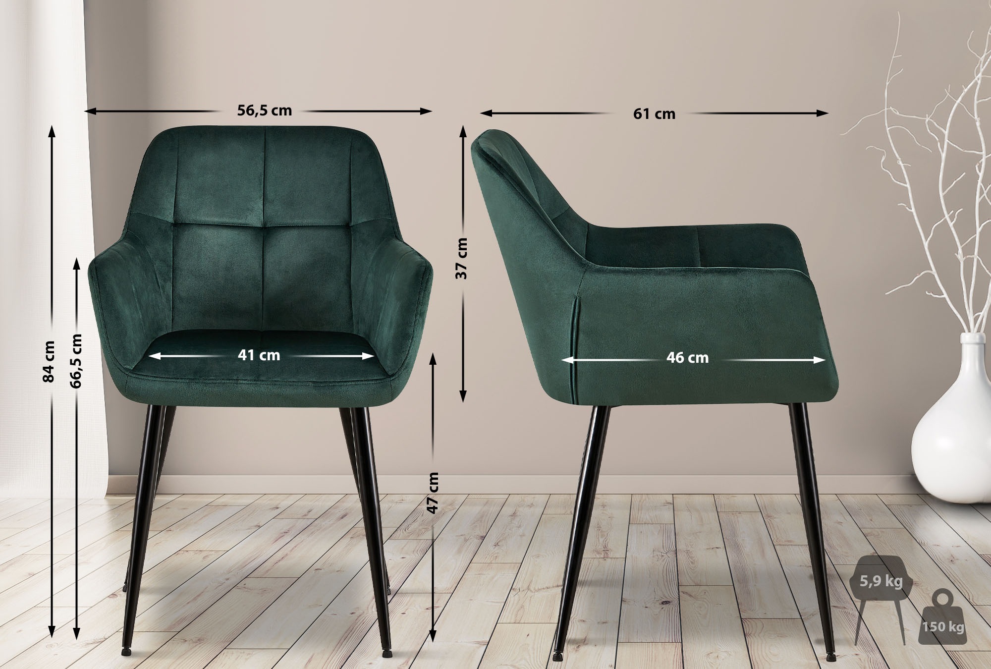 Lot de 4 Chaises de salle à manger Emia en Velours avec Piètement en Métal noir