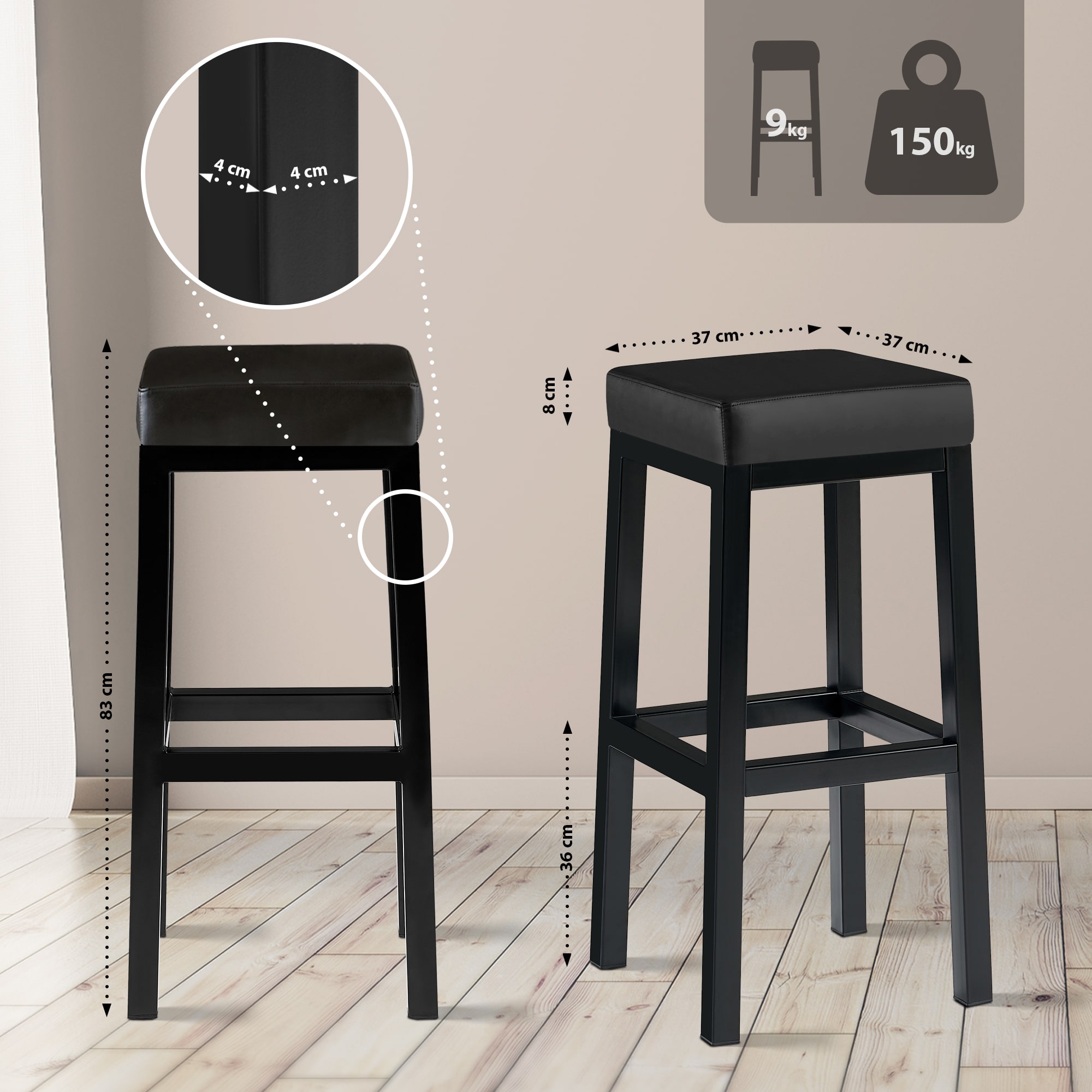 Tabouret de bar Taylor hauteur d'assise 83 cm piètement métal noir