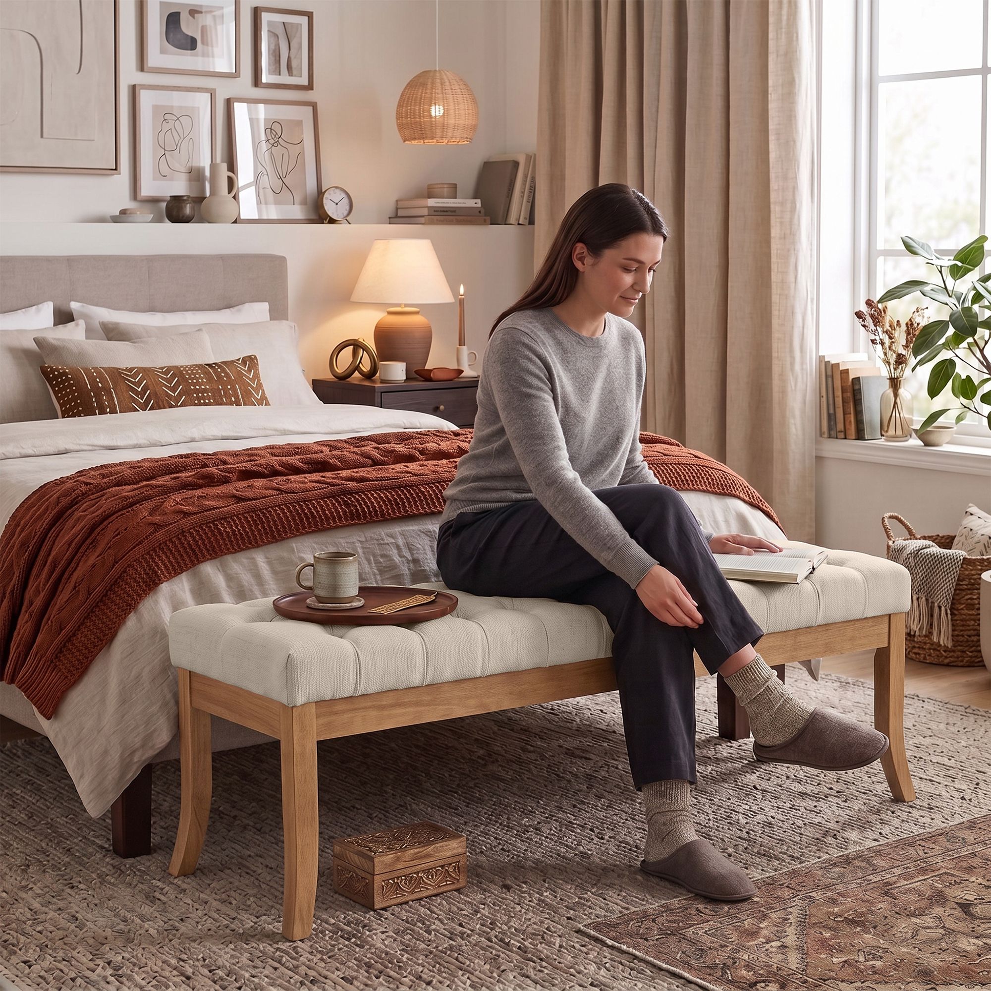 Banc Ramses tissu pieds antique clair