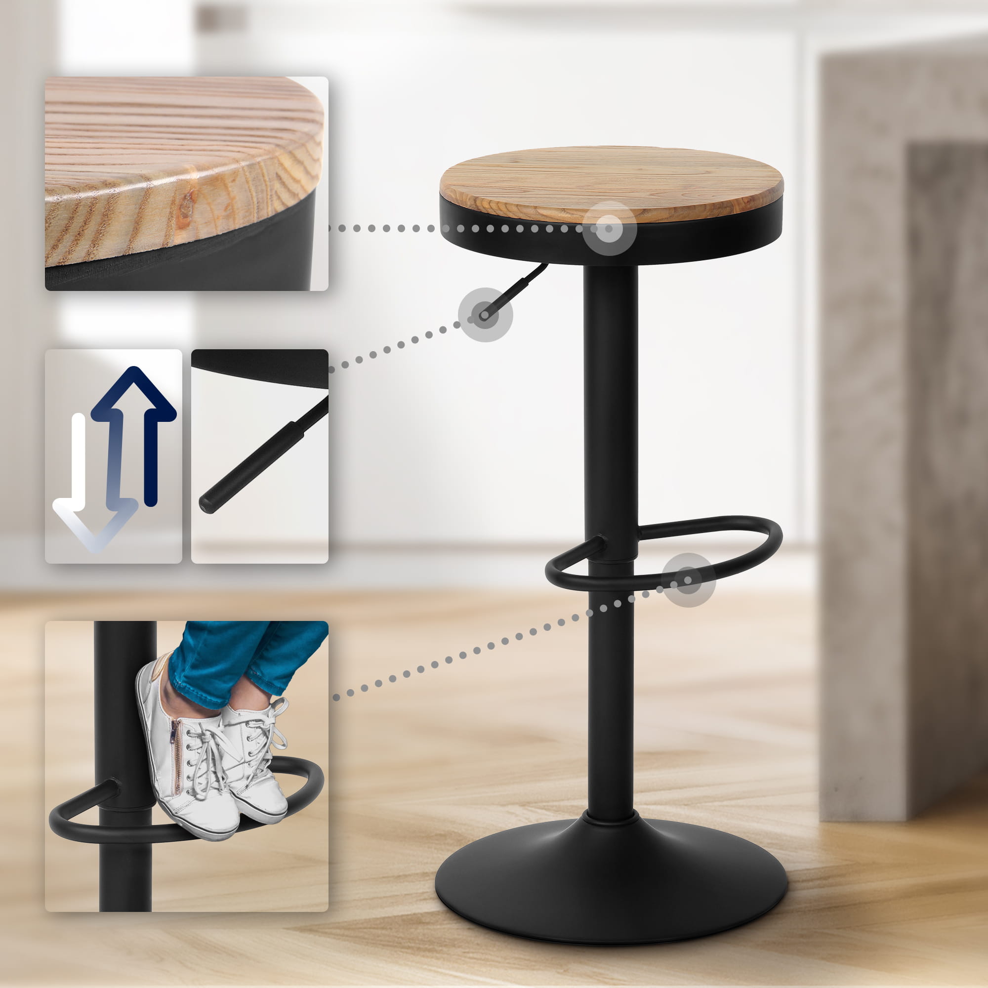 Tabouret de bar Pitas en bois d'orme