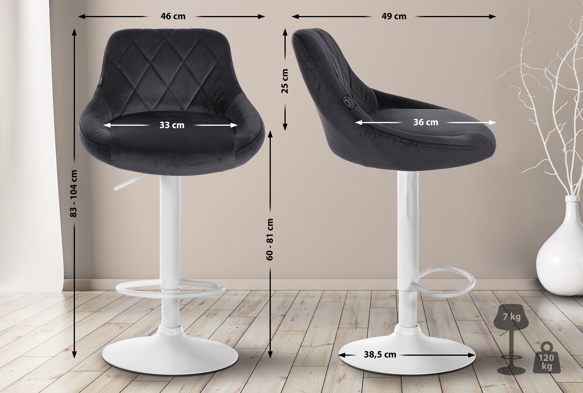 Tabouret de bar Lazio en velours avec pied en métal