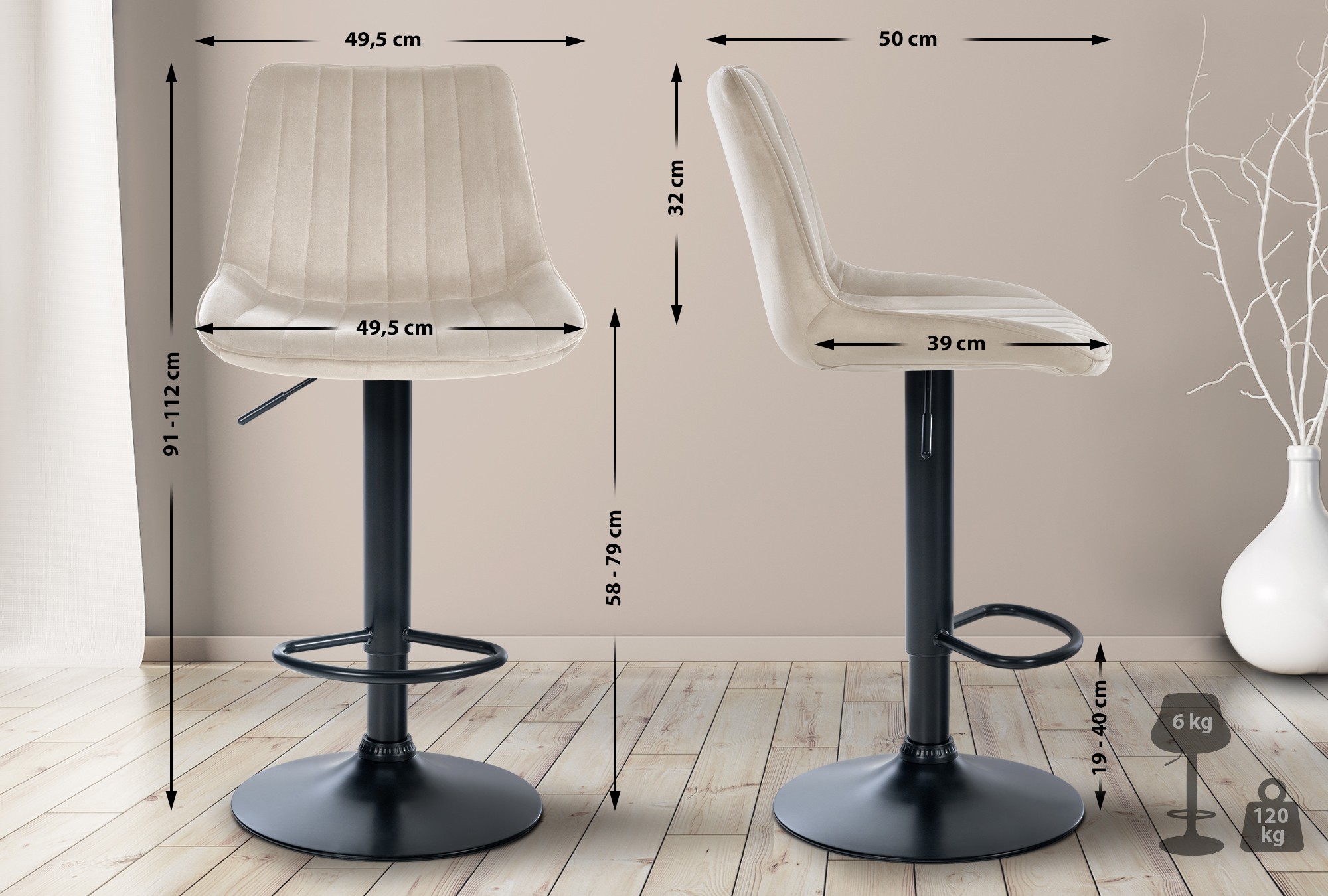 Lot de 2 tabourets de bar Toni velours