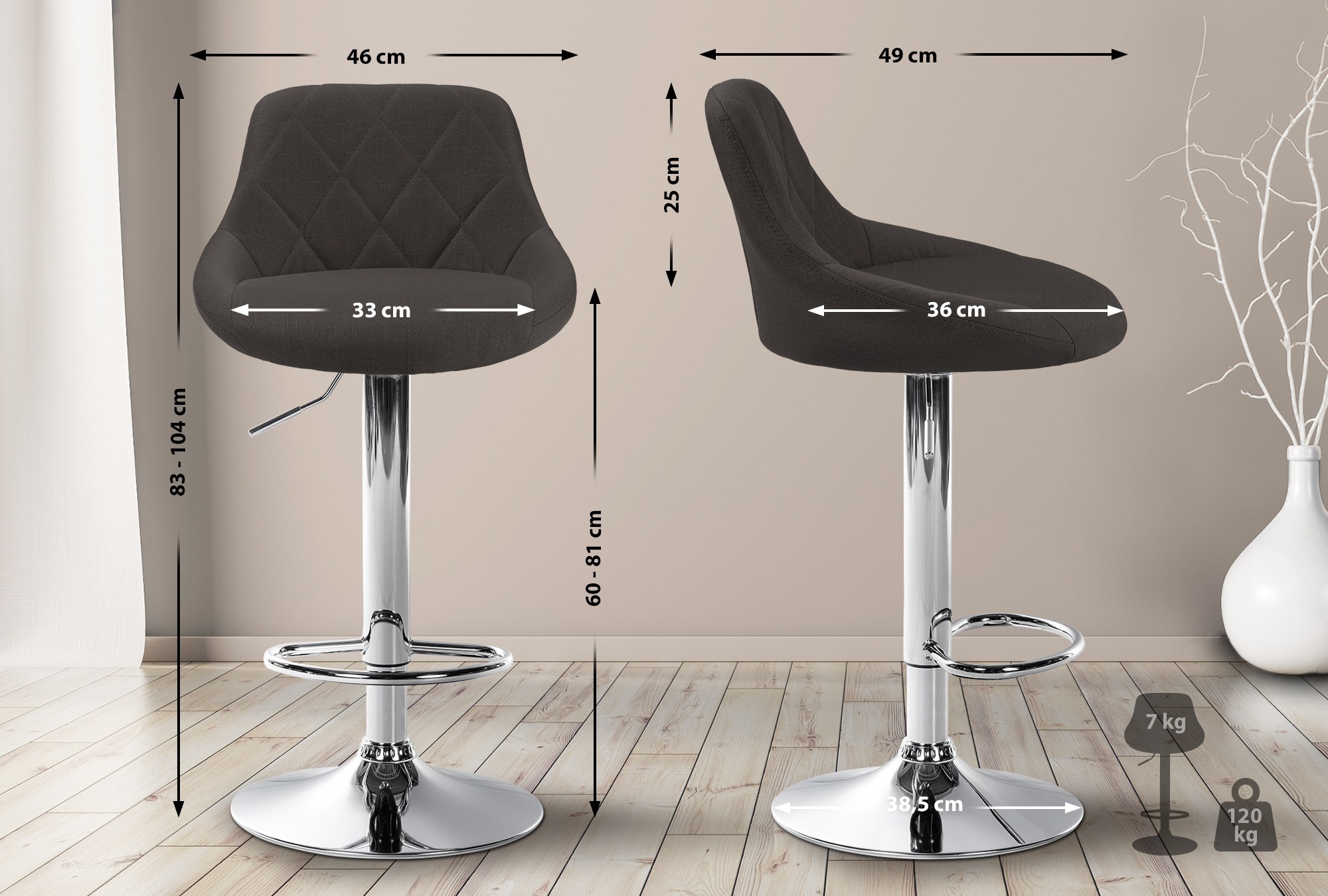 Tabouret de bar Lazio en Tissu Hauteur réglable siège pivotant