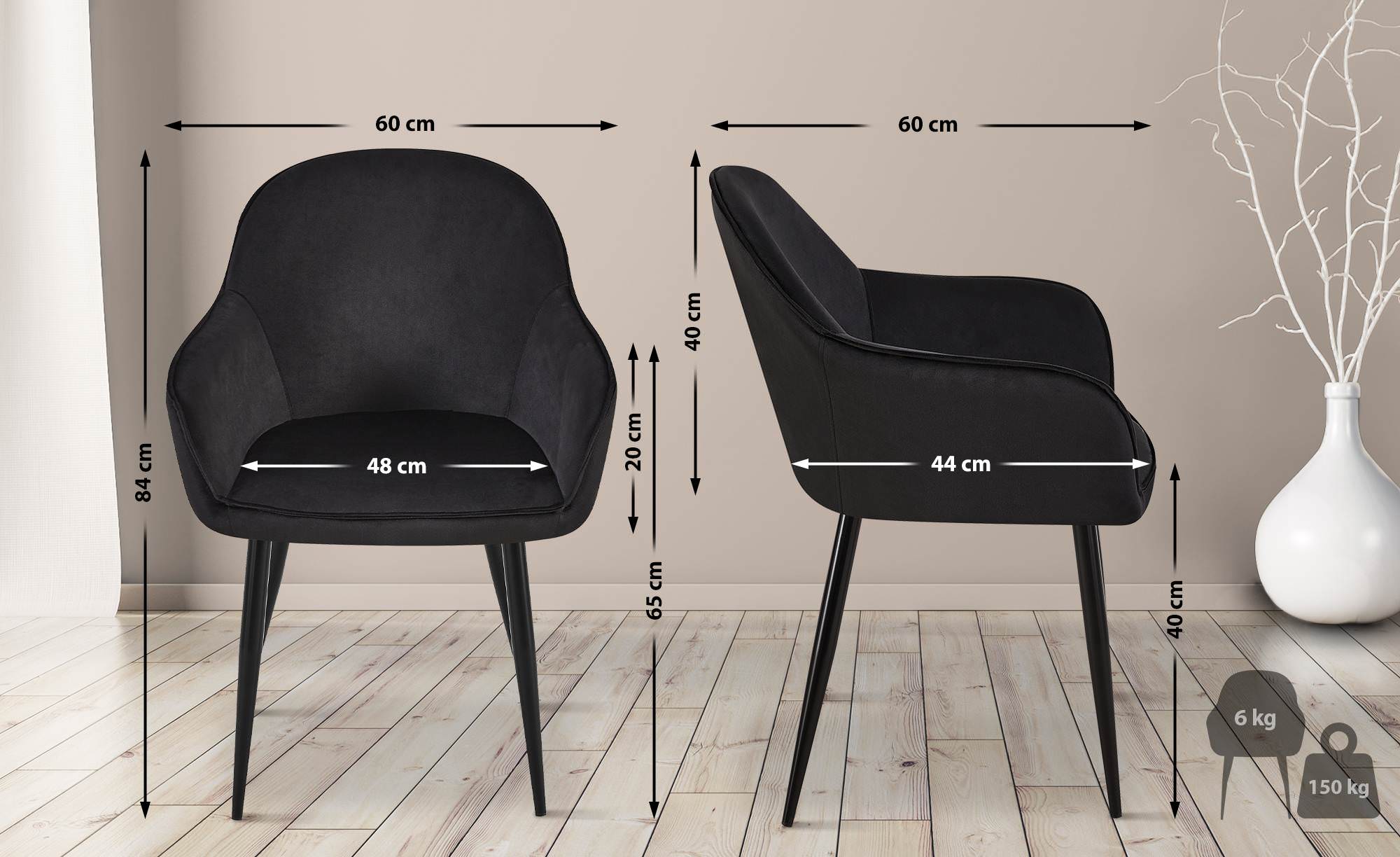 Lot de 2 chaises de salle à manger Boise velours