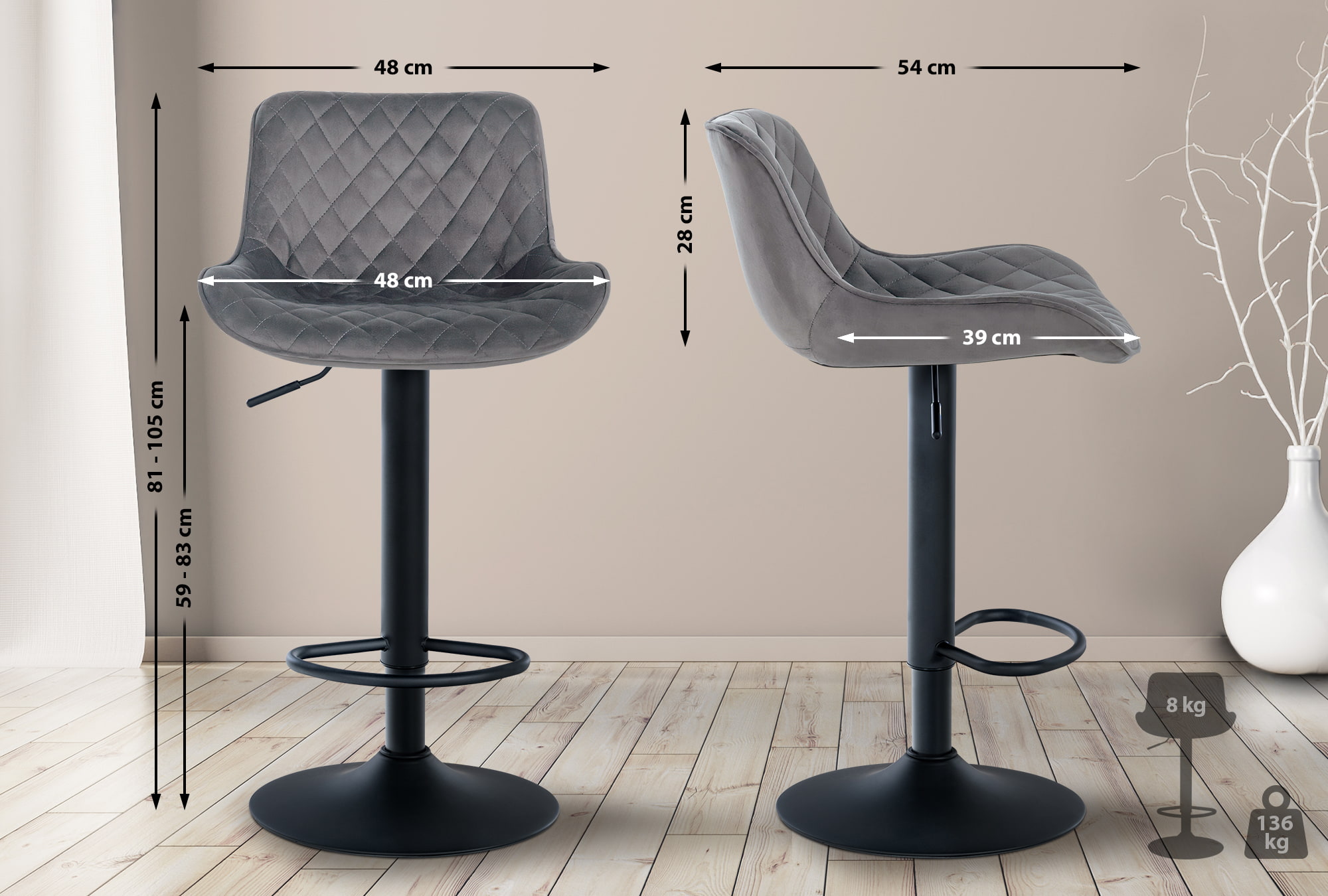 Lot de 2 Tabourets de bar Minosa réglables et pivotants