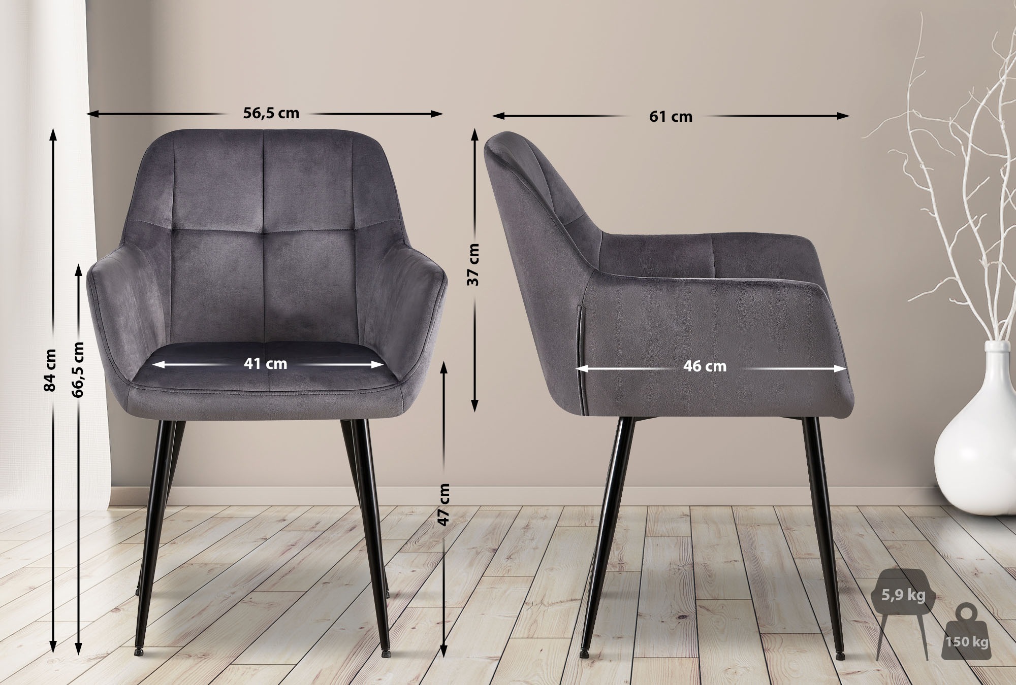 Chaise de salle à manger Emia en Velours avec Piètement en Métal noir