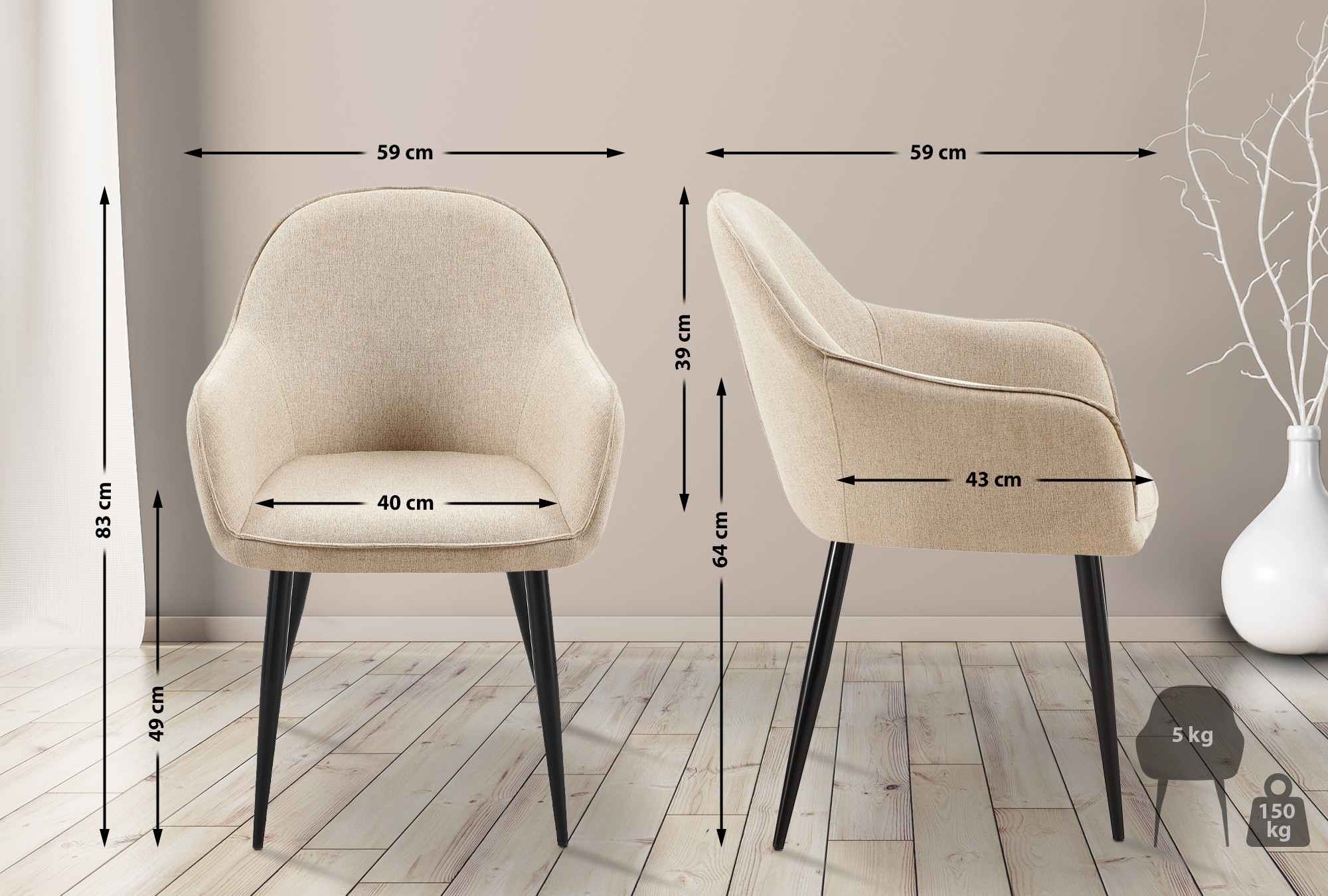 Chaise de salle à manger Boise en Tissu avec Piètement en Métal noir