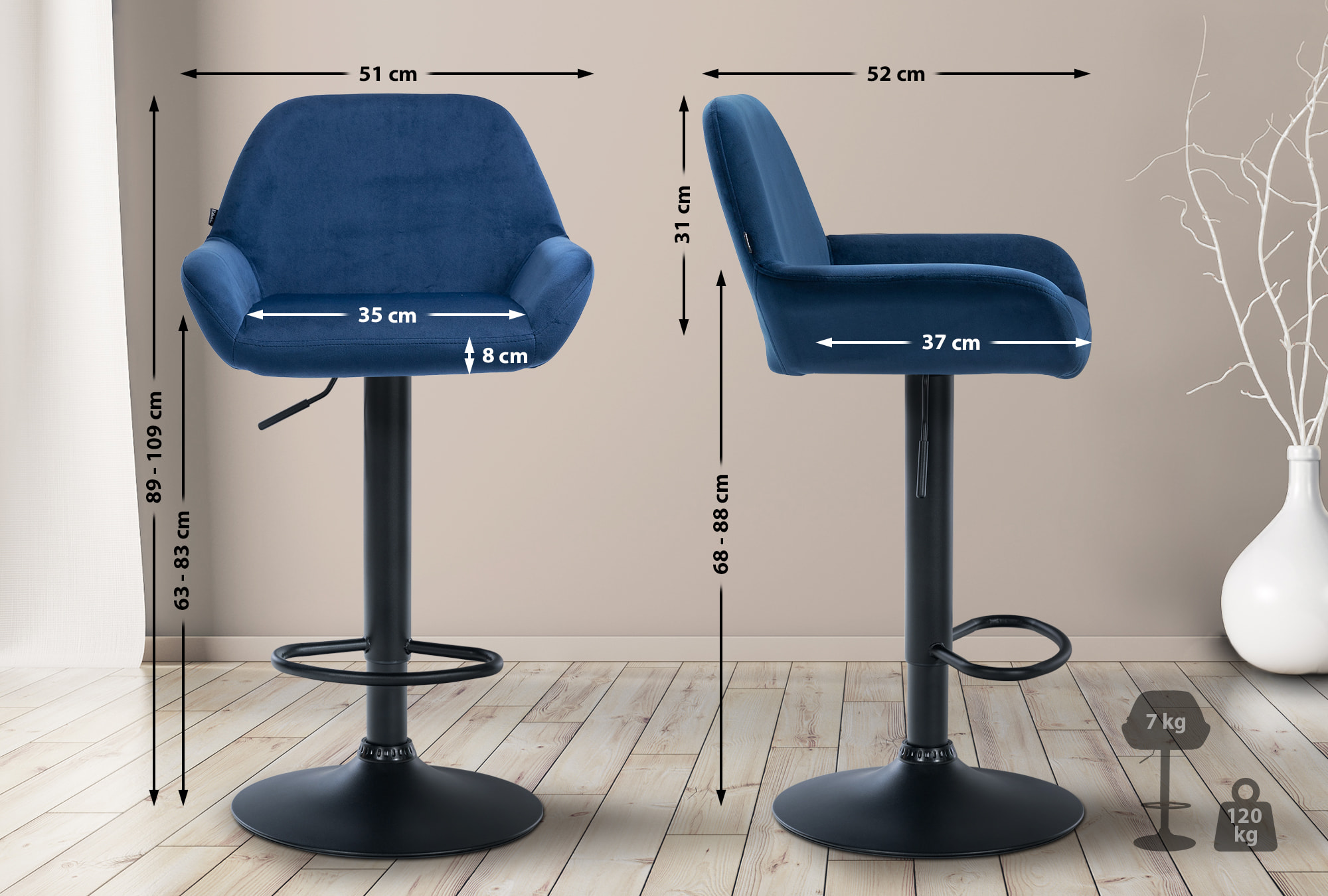 Ensemble de 2 tabourets de bar Braga en velours