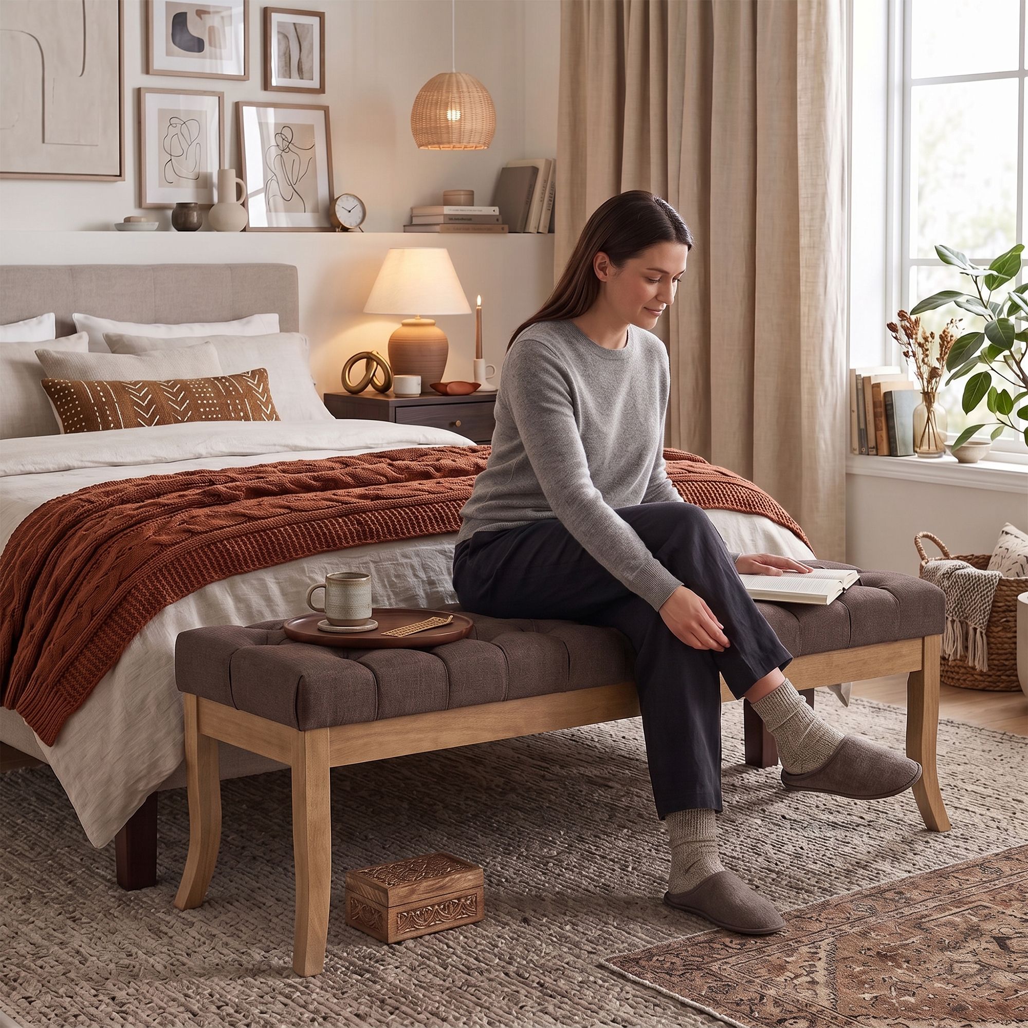 Banc Ramses tissu pieds antique clair