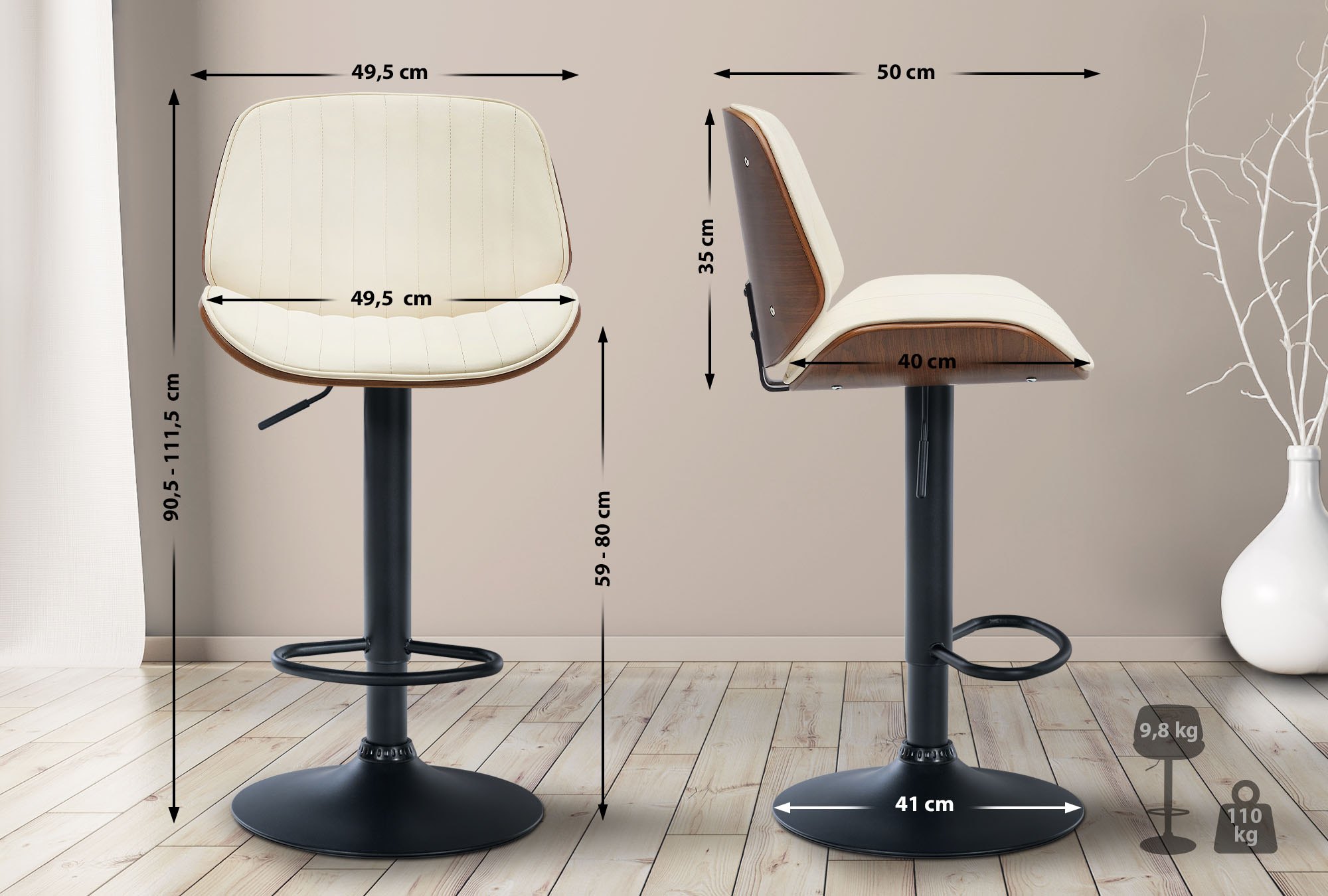 Tabouret de bar Nova avec Coque en bois assise en similicuir