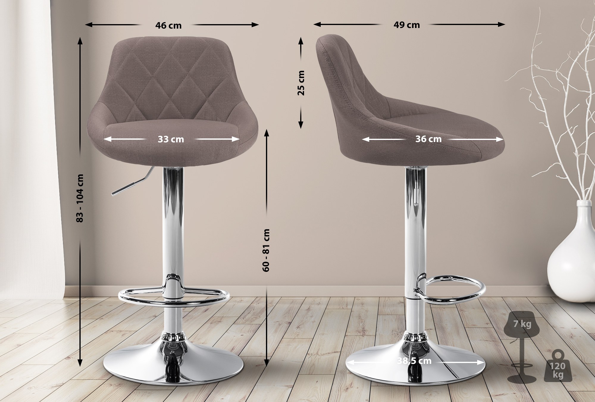 Tabouret de bar Lazio en Tissu Hauteur réglable siège pivotant