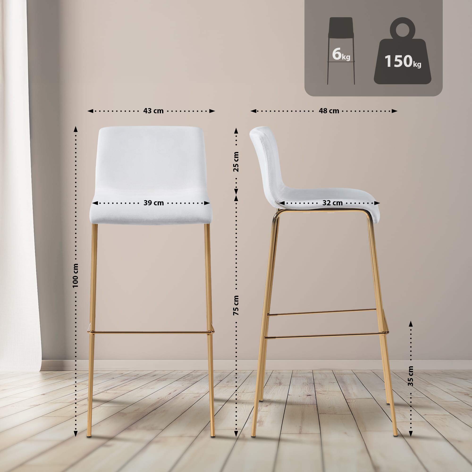 Tabouret de bar Hoover velours piètement 4 pieds or