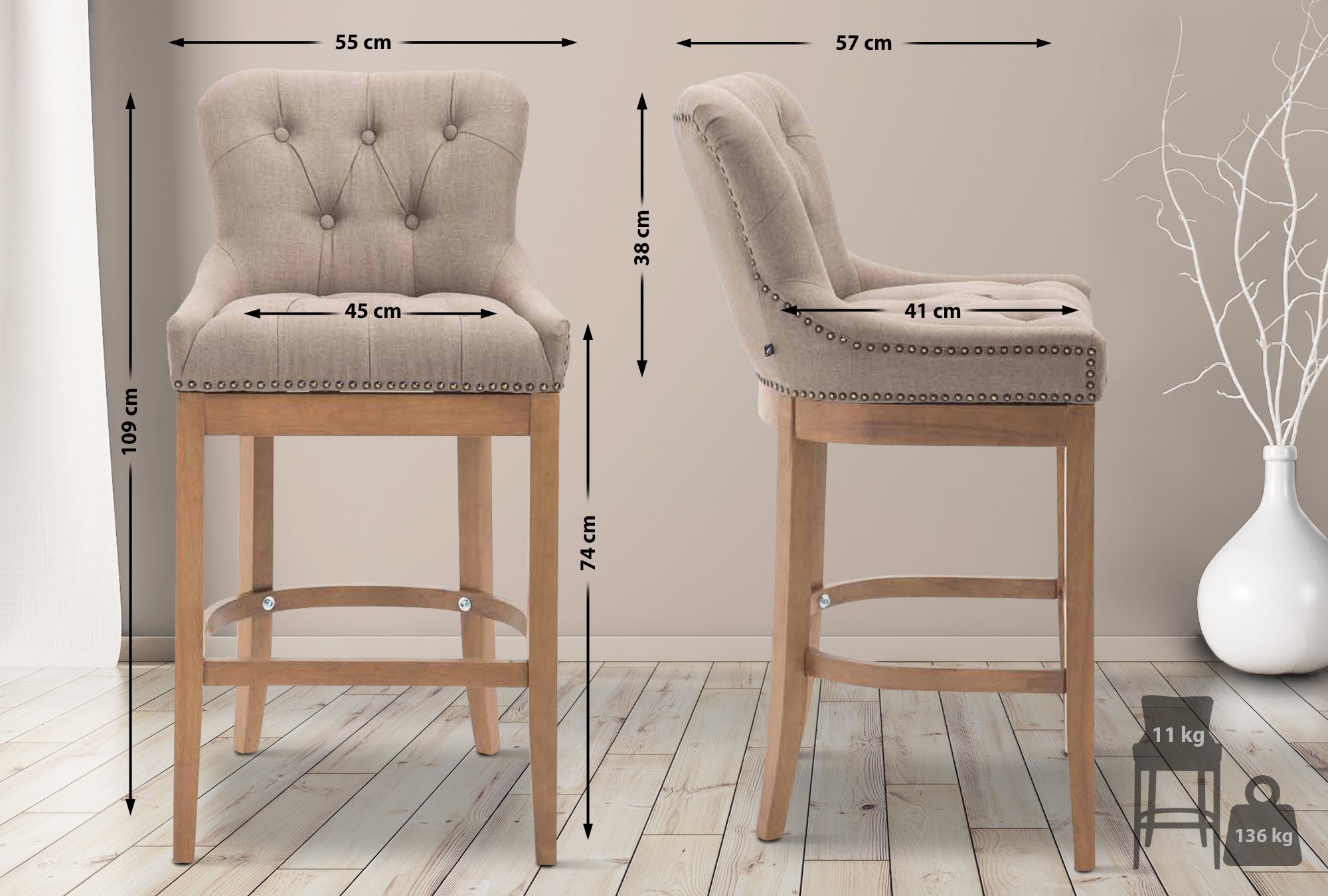 Tabouret de bar Lakewood tissu Piètement antique clair