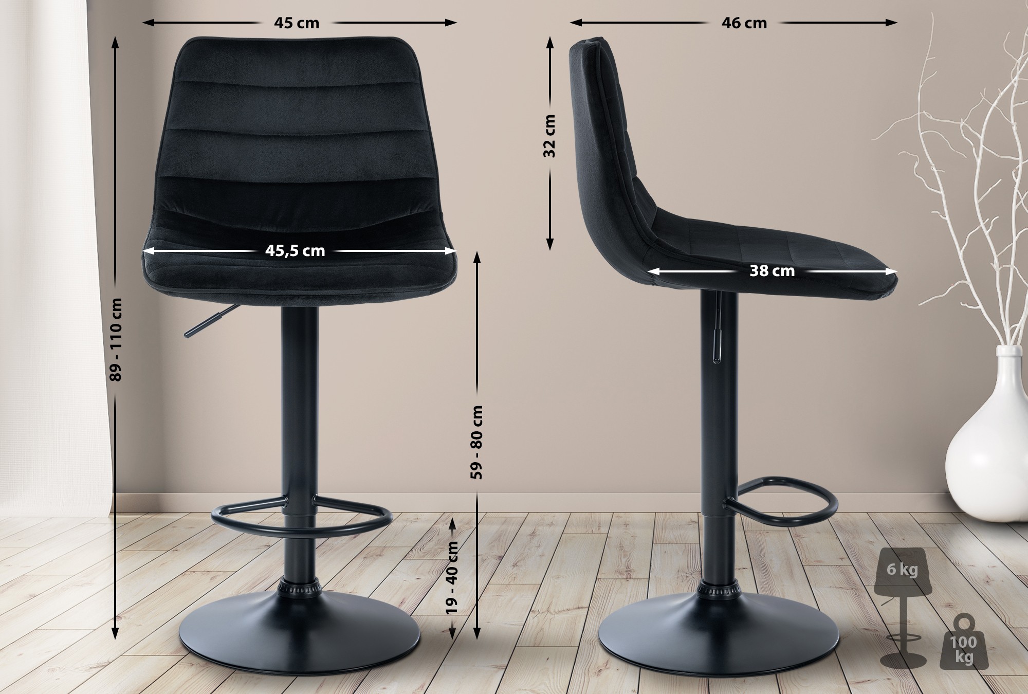 Tabouret de bar Lex en Velours Pied trompette en Métal