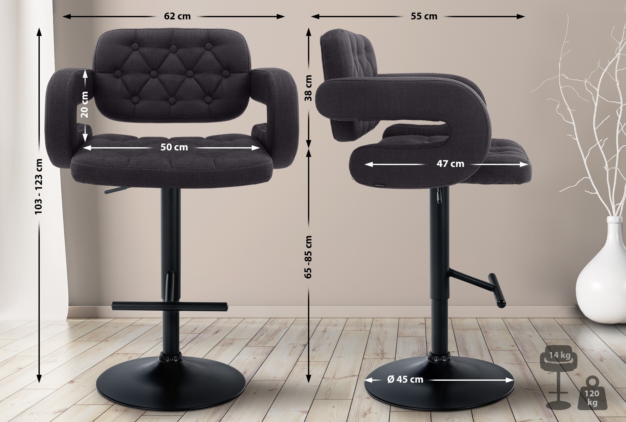 Tabouret de bar Dublin Tissu avec pied en métal