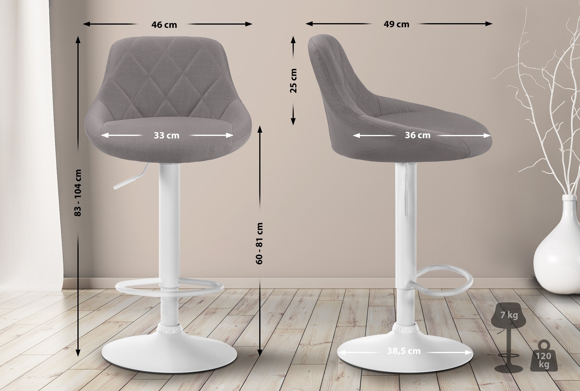 Tabouret de bar Lazio en Tissu Hauteur réglable siège pivotant