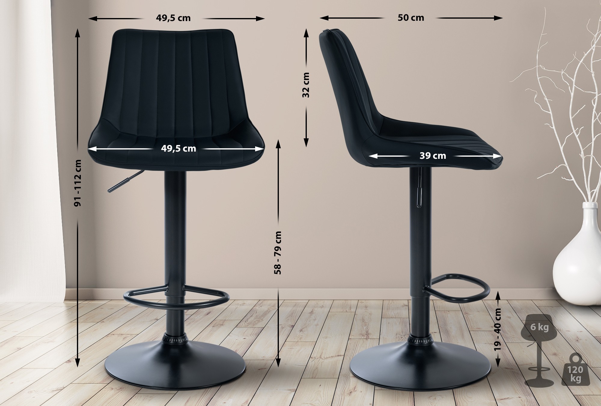 Tabouret de bar Toni en Similicuir Pied en Métal réglable pivotant