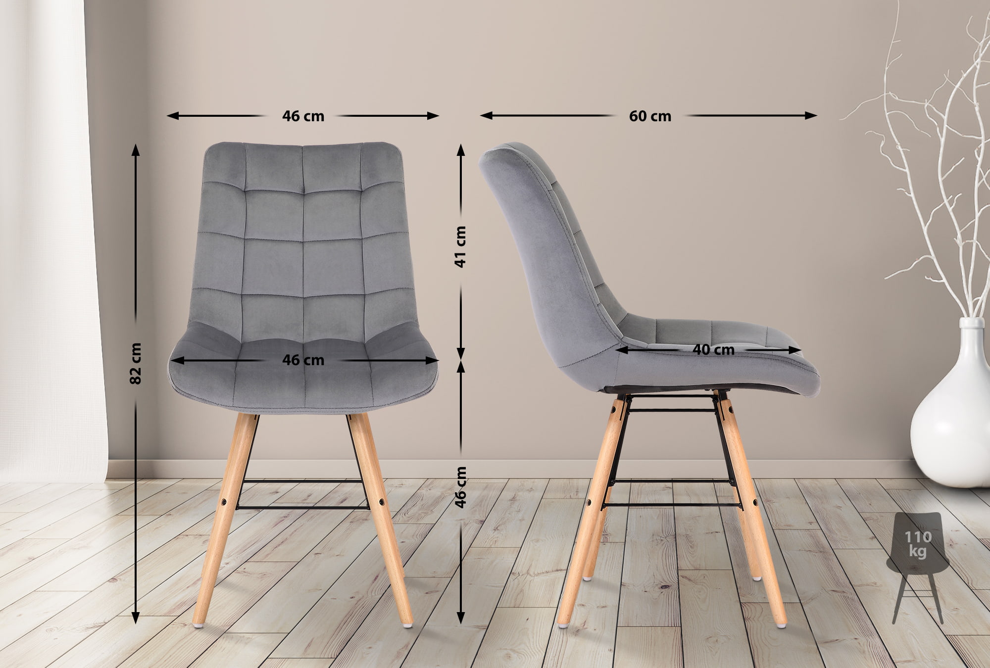 Chaise de salle à manger Leni en velours avec pieds en Bois