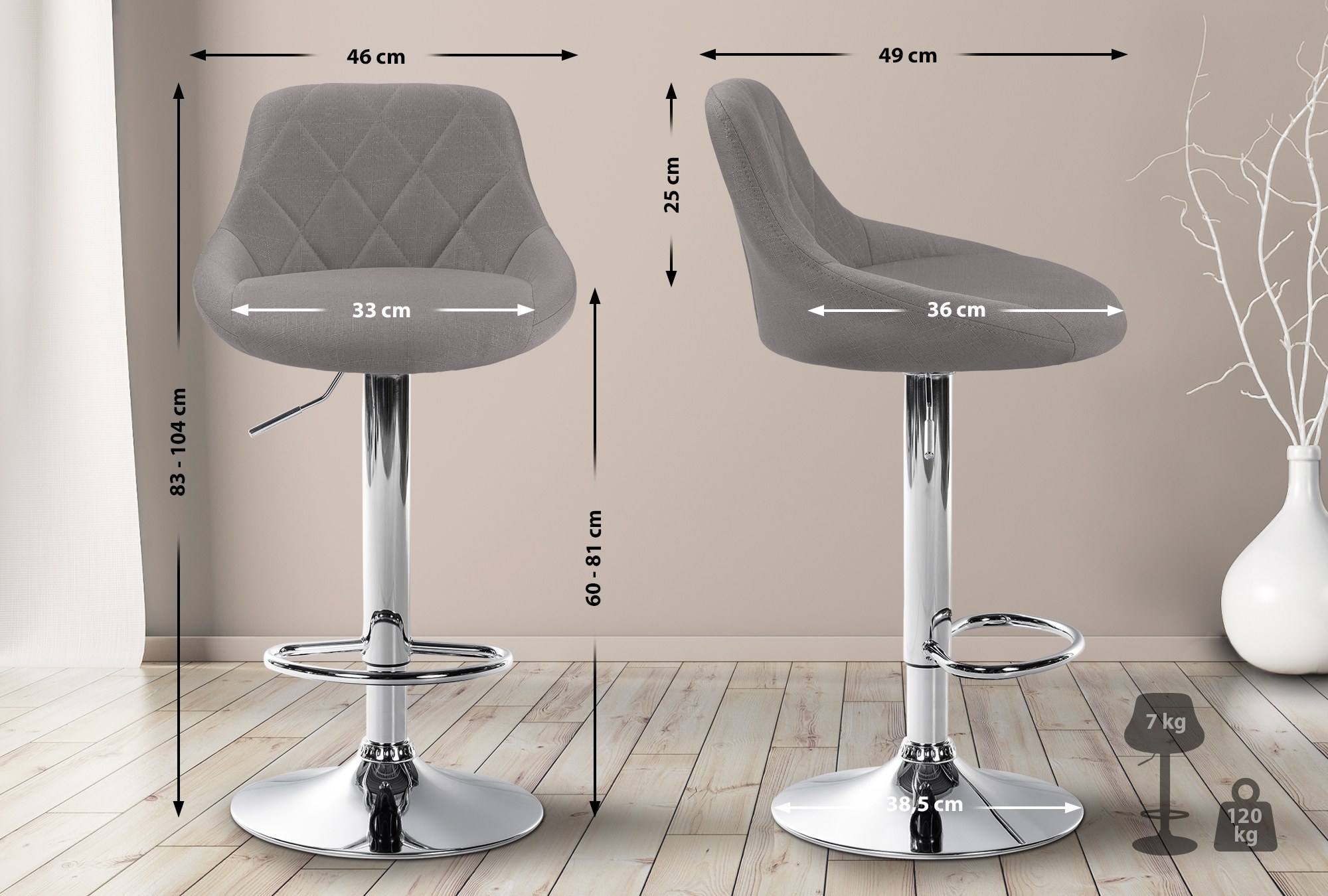 Tabouret de bar Lazio en Tissu Hauteur réglable siège pivotant