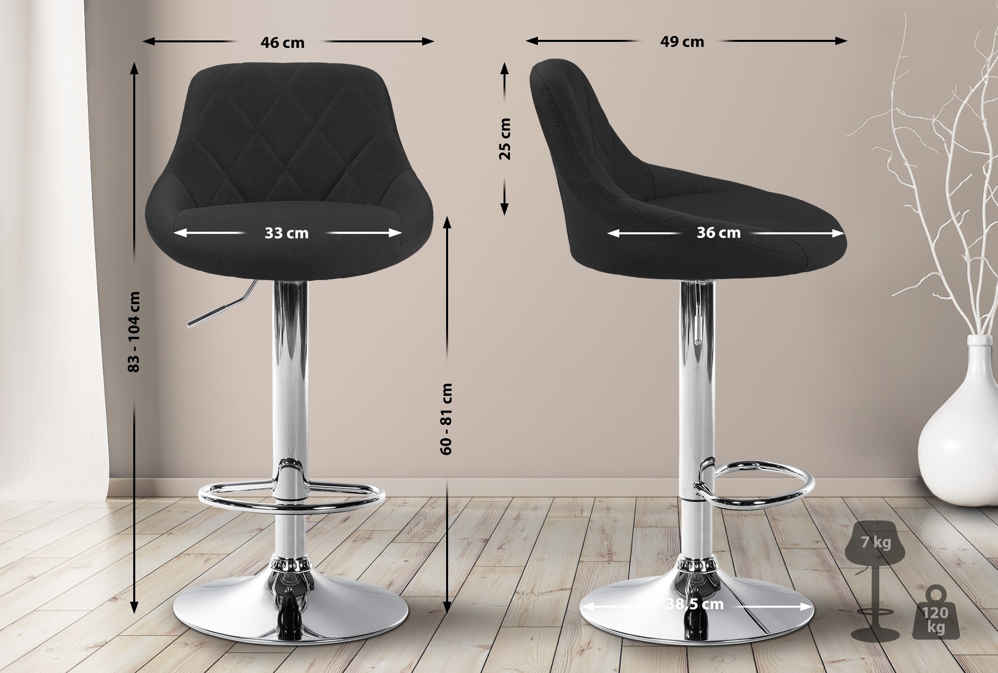 Tabouret de bar Lazio en Tissu Hauteur réglable siège pivotant