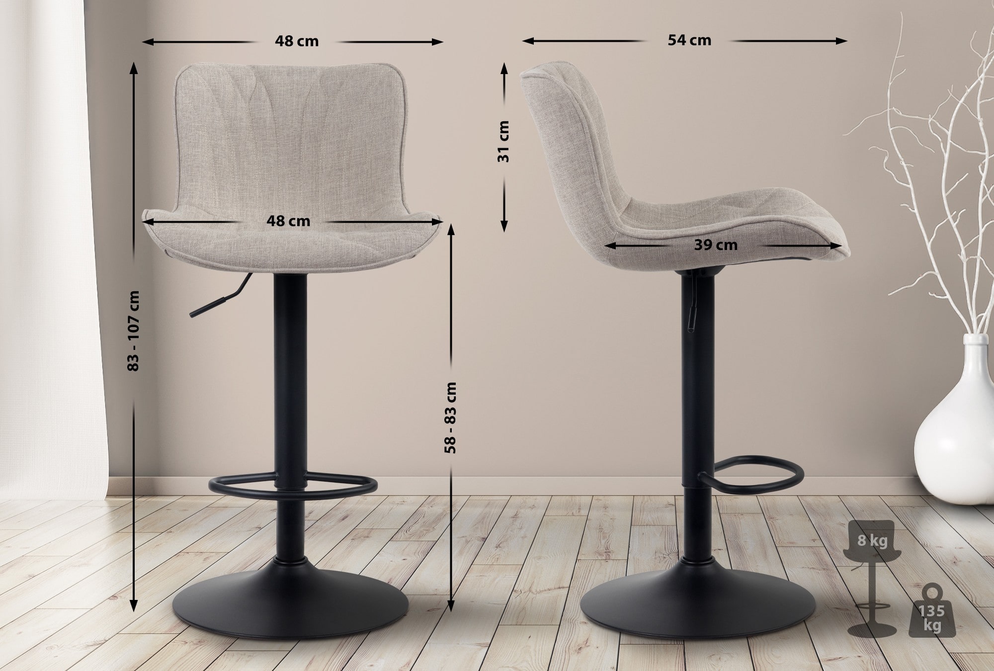 Lot de 2 Tabourets de bar Linus Pied en Métal réglable pivotant