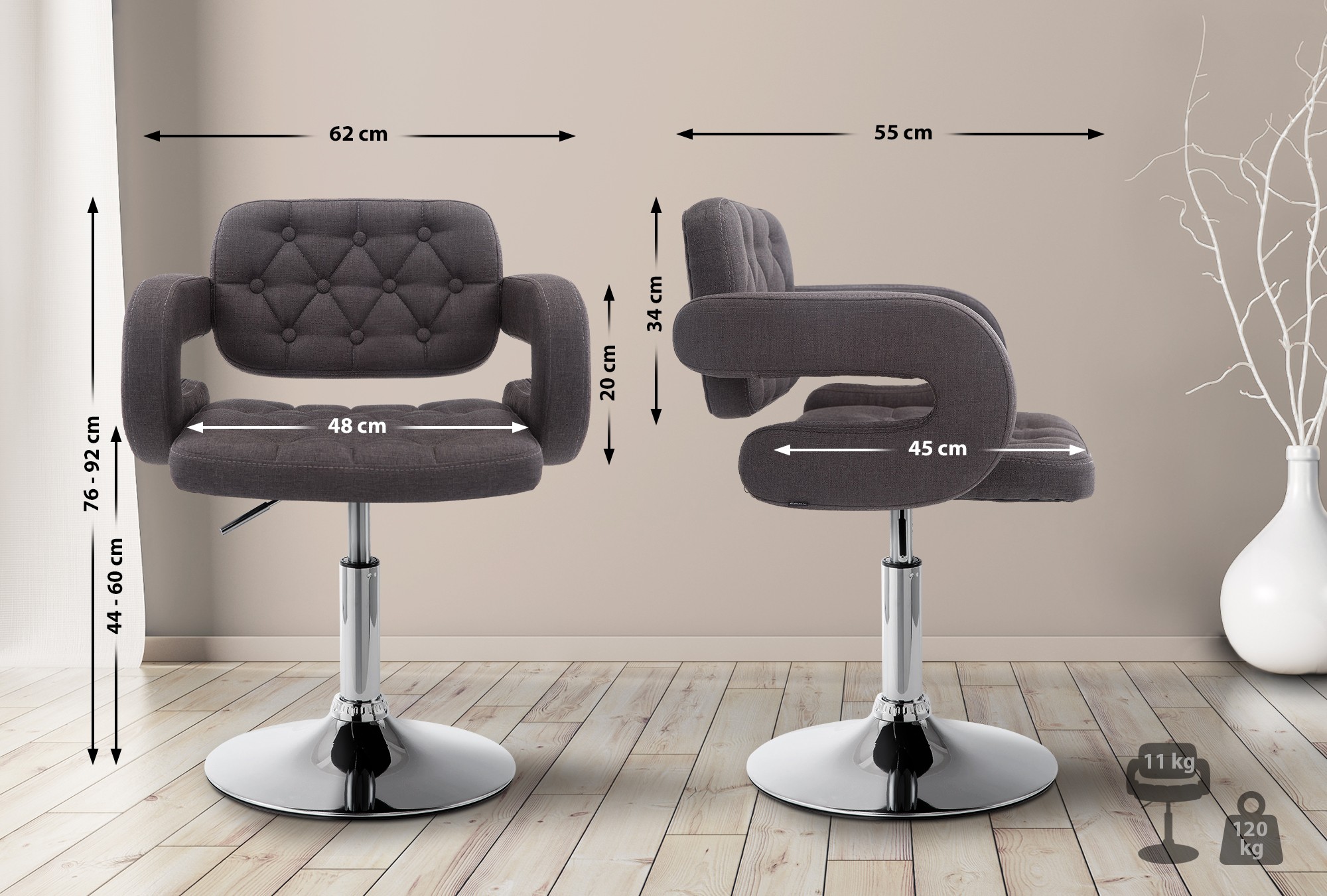 Chaise lounge Dublin Tissu - Piètement avec colonne centrale métal chromé Gris foncé
