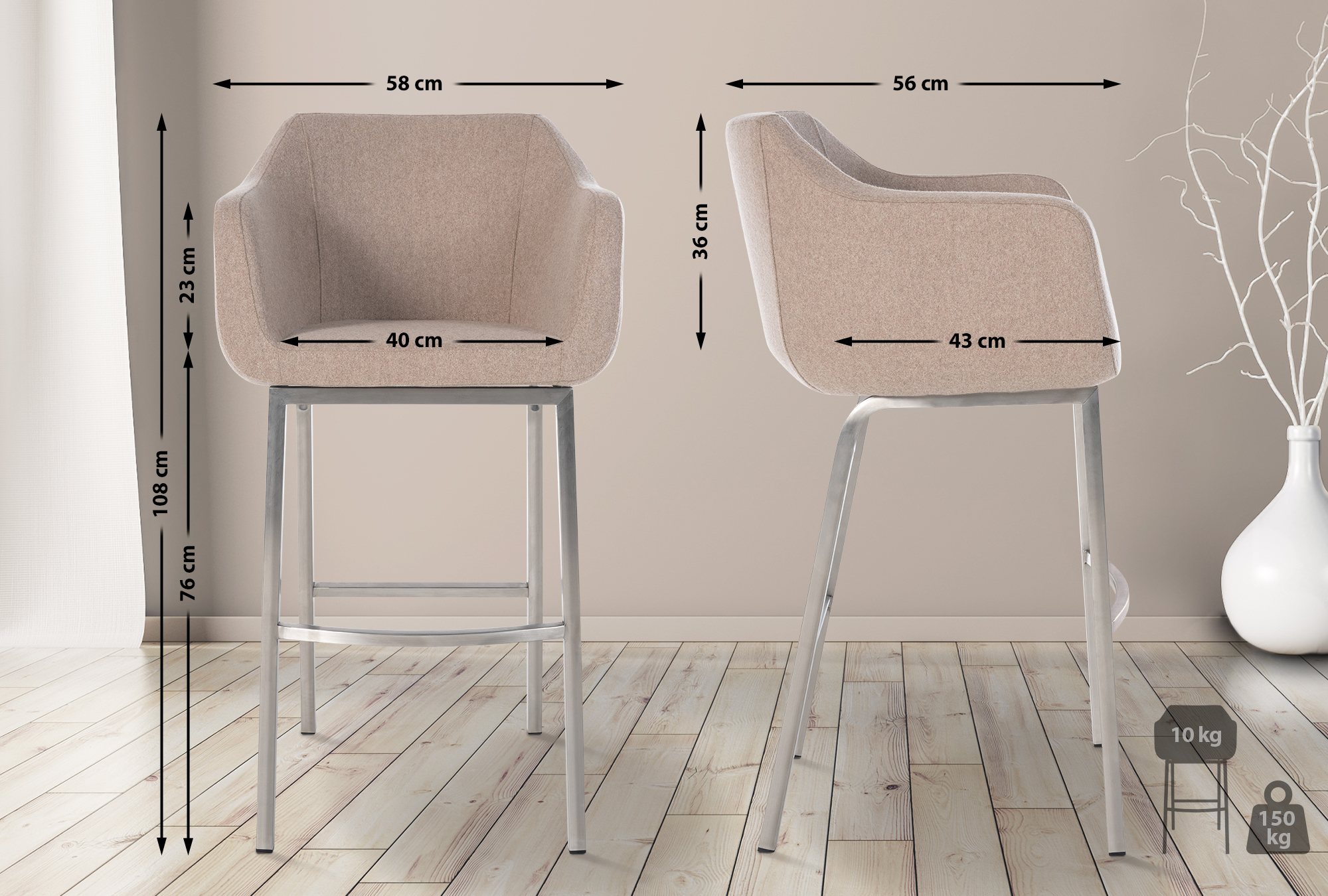 Tabouret de bar Monea feutre avec piètement à quatre pieds